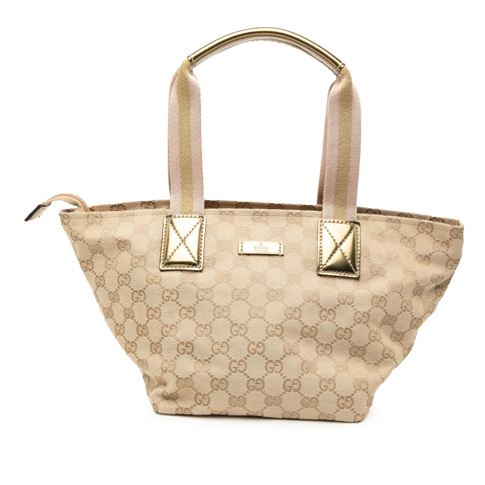 Gucci GG Canvas Web Tote Bag with Leather Trim and Zip Closure: Gucci GG Canvas Web Tote Bag with Leather Trim and Zip Closure This Gucci GG Canvas Web Tote showcases a beige canvas body with leather trim, complemented by flat web canvas handles and a top zip clos