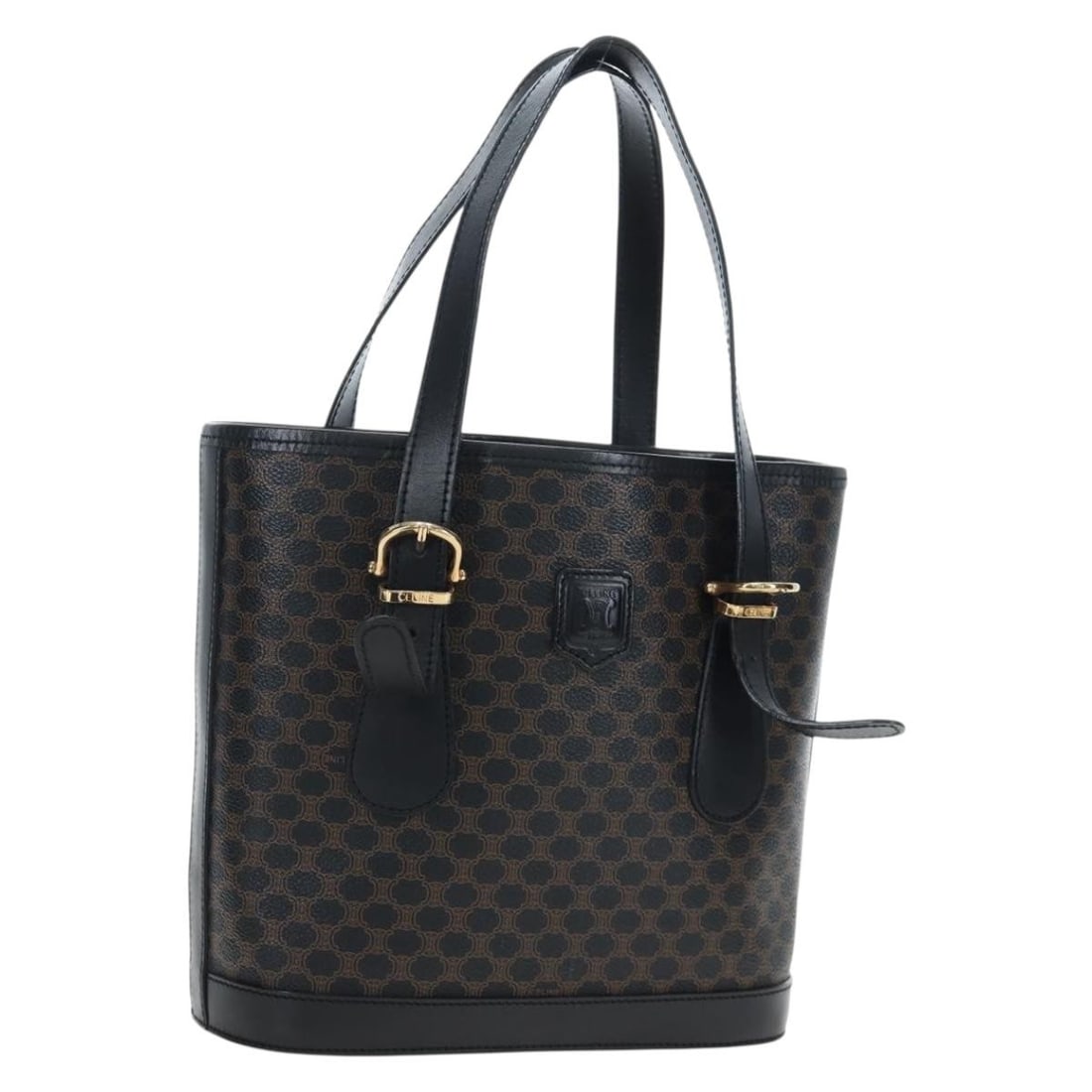 Celine Macadam Canvas PVC Leather Handbag Black Gold Tone Italy: Celine Macadam Canvas PVC Leather Handbag Black Gold Tone Italy A CELINE hand bag in black and gold, crafted from PVC leather and Macadam canvas. It measures approximately 24 cm wide x 24 cm high x 11
