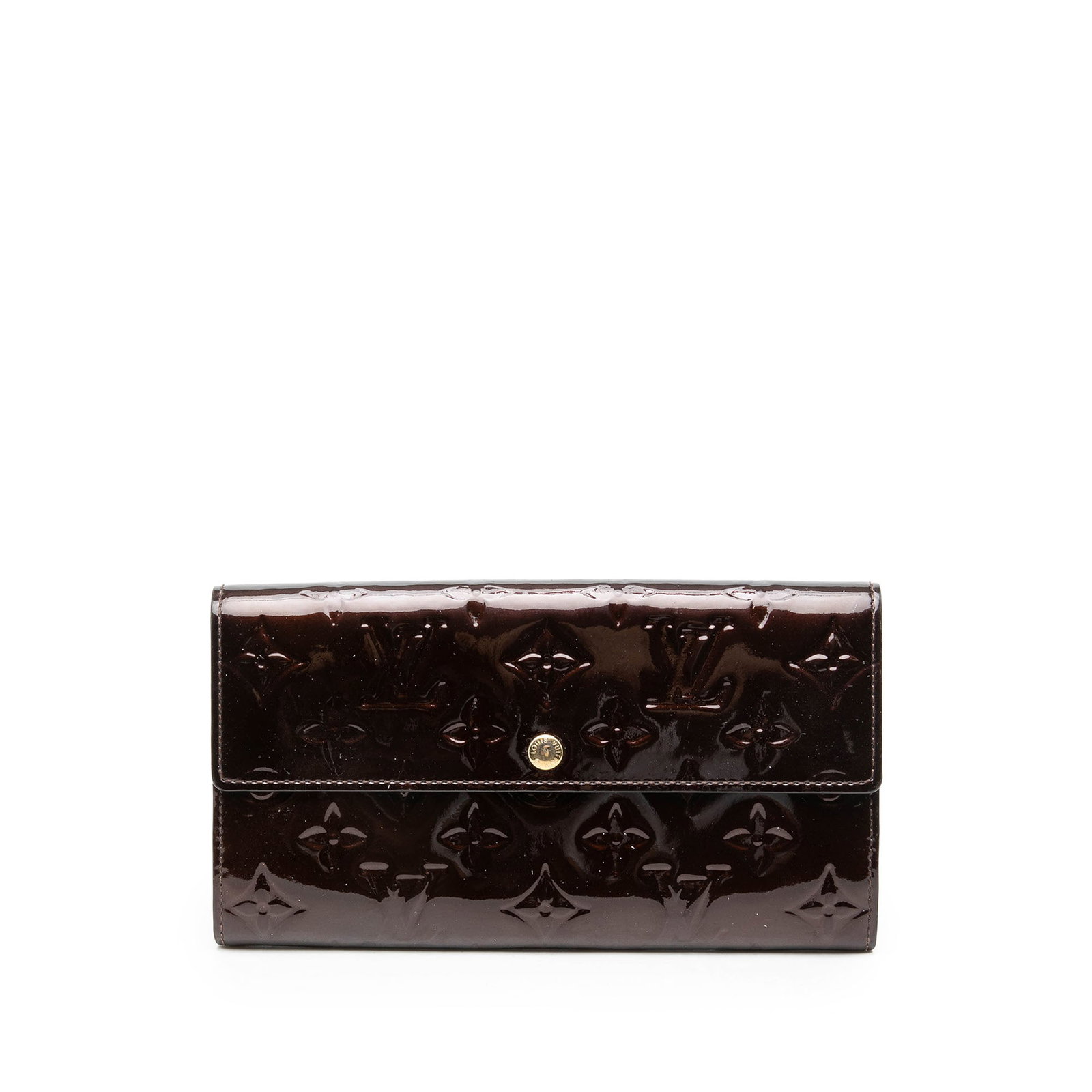 Louis Vuitton Sarah Wallet in Purple Monogram Vernis Leather: Louis Vuitton Sarah Wallet in Purple Monogram Vernis Leather Louis Vuitton Monogram Vernis Sarah Wallet in purple leather, made in France. This flap wallet features a snap closure and interior zip and