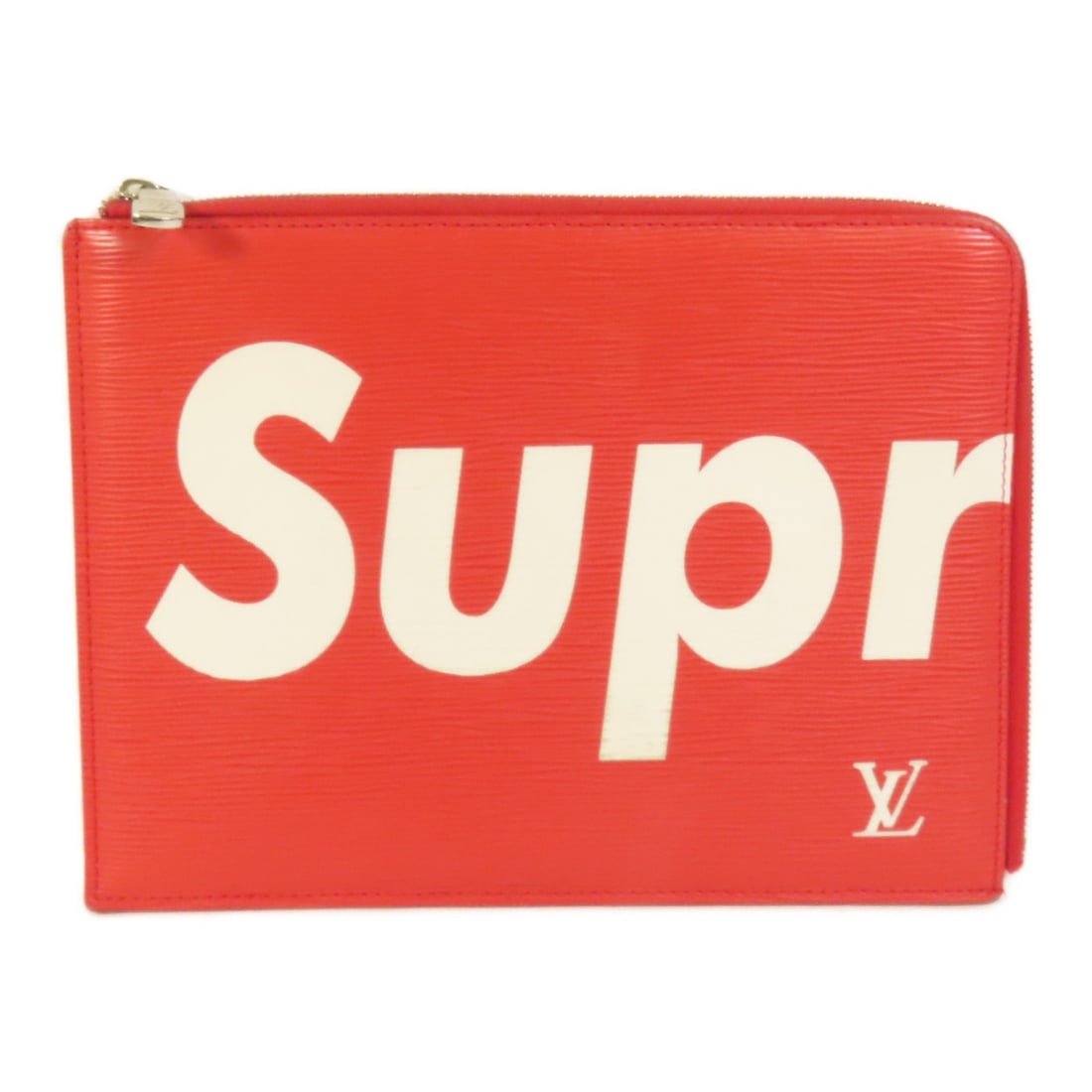 Louis Vuitton Supreme Pochette Jules GM Epi Calfskin Clutch M67722 Red: Louis Vuitton Supreme Pochette Jules GM Epi Calfskin Clutch M67722 Red A Louis Vuitton Pochette Jules GM clutch in red, identified by model number M67722. It is made from Epi and calfskin (cowhide) an