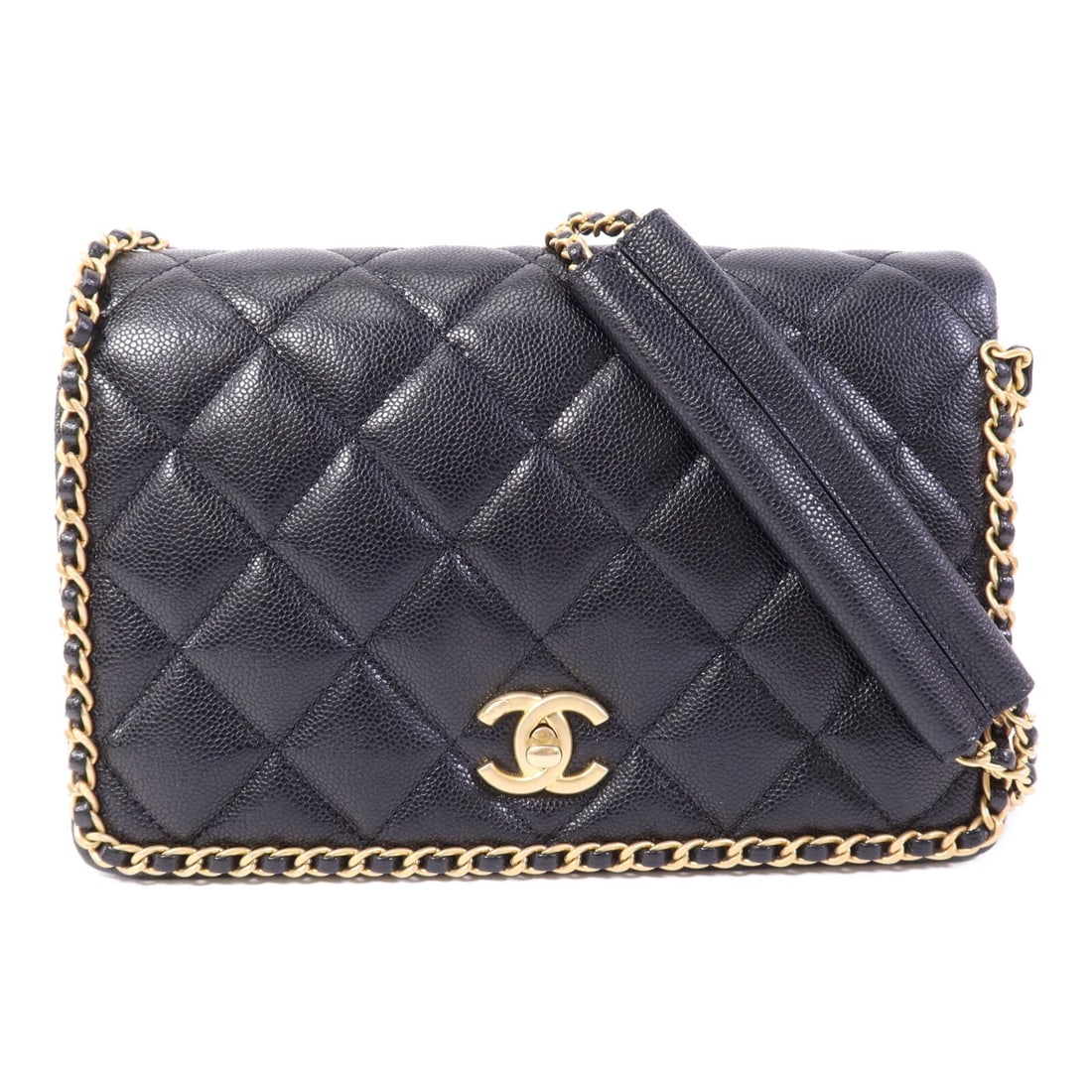 CHANEL AS3468 CC Chain Around Flap Shoulder Bag Black Calfskin: CHANEL AS3468 CC Chain Around Flap Shoulder Bag Black Calfskin A CHANEL shoulder bag in black calfskin with a chain-around flap design and gold-tone hardware. It features one outside button snap pocke