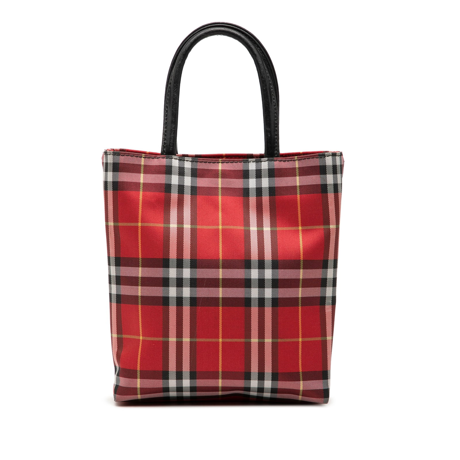 Burberry House Check Red Nylon Tote Bag: Burberry House Check Red Nylon Tote Bag Burberry House Check Nylon Handbag made in Italy with a nylon body, rolled leather handles, an open top with magnetic snap closure, and an interior zip pocket. 