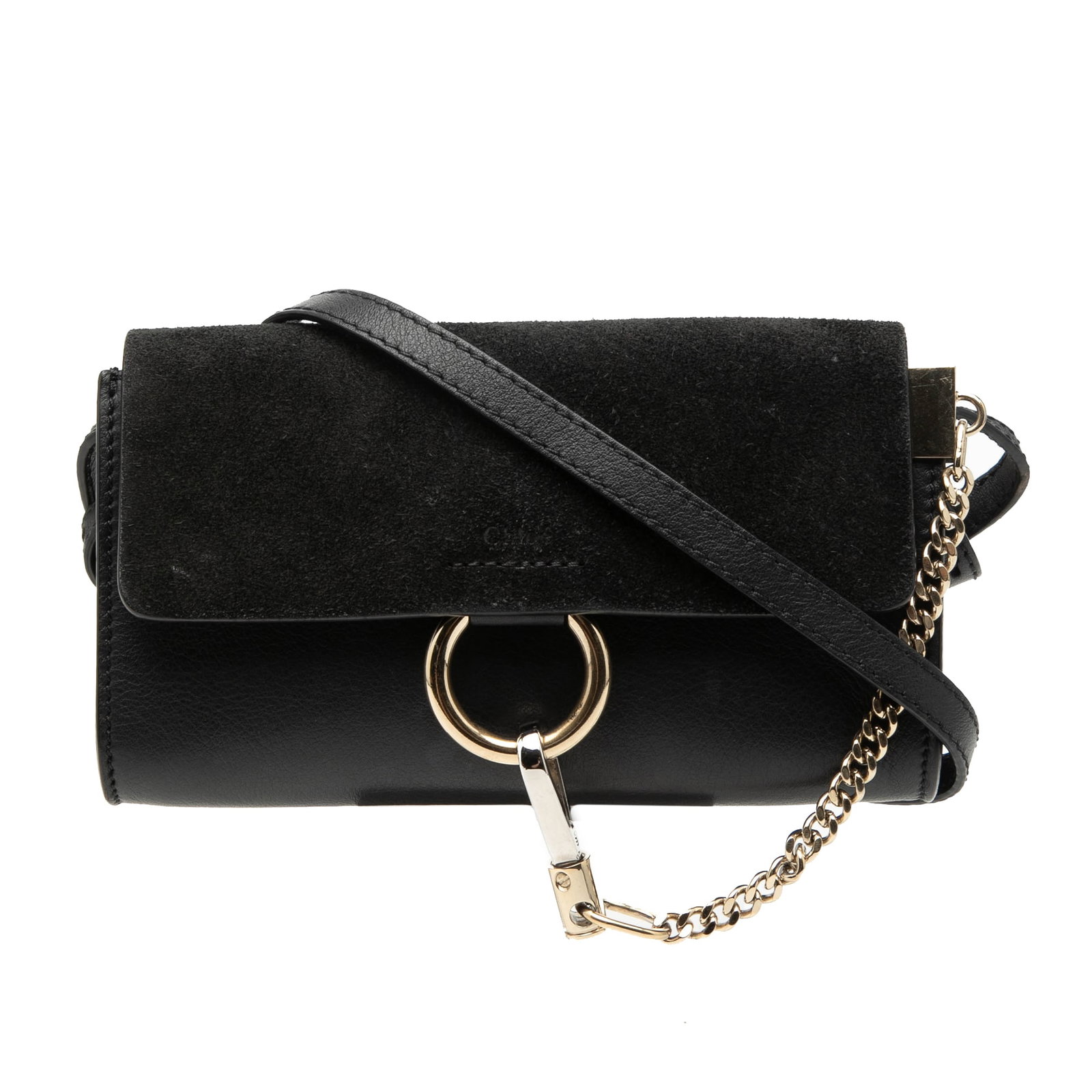 Chloe Faye Mini Black Leather Suede Crossbody Bag: Chloe Faye Mini Black Leather Suede Crossbody Bag This Chloe Mini Calfskin and Suede Faye Chain Crossbody bag features a black calf leather body with a suede top flap. It is designed with an adjustabl