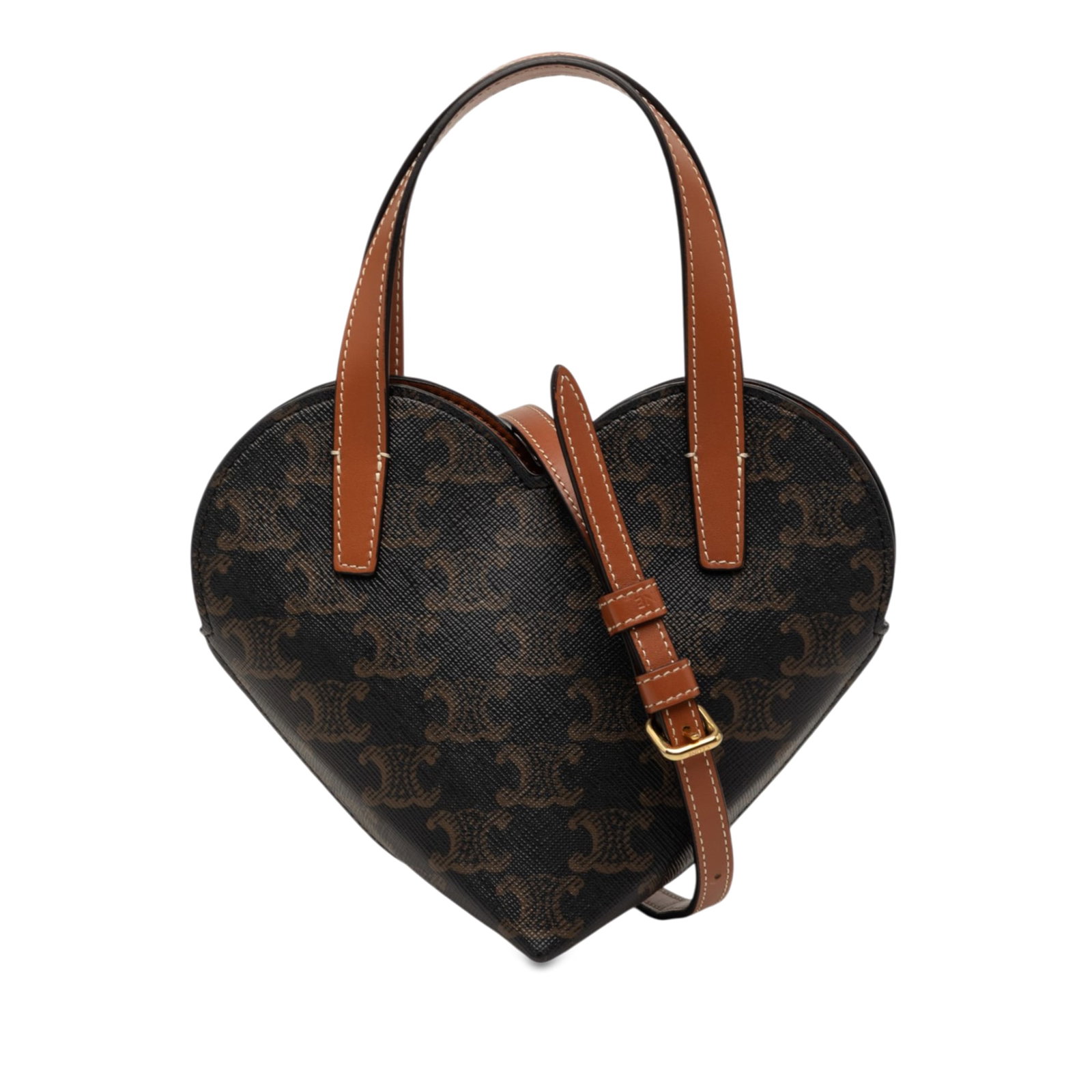 Celine Teen Triomphe Coeur Satchel in Brown Coated Canvas: Celine Teen Triomphe Coeur Satchel in Brown Coated Canvas Celine Teen Triomphe Coated Canvas Coeur Satchel crafted with a coated canvas body, flat leather handles, an adjustable and detachable flat le