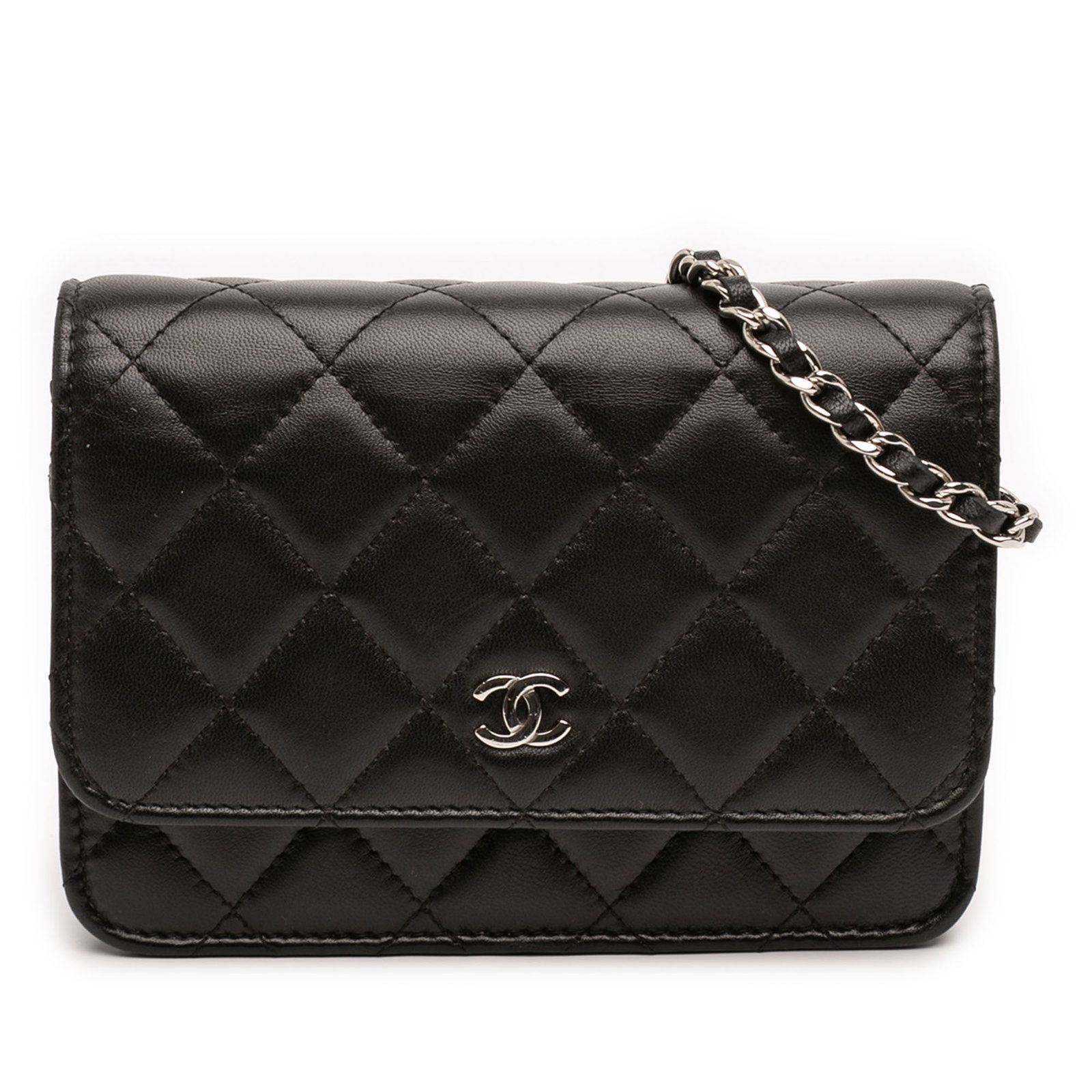 Black Lambskin Wallet on Chain by Chanel Mini CC: Black Lambskin Wallet on Chain by Chanel Mini CC This Chanel Mini CC Wallet on Chain features a black lambskin leather body with a signature leather-woven chain strap. The design includes a front flap