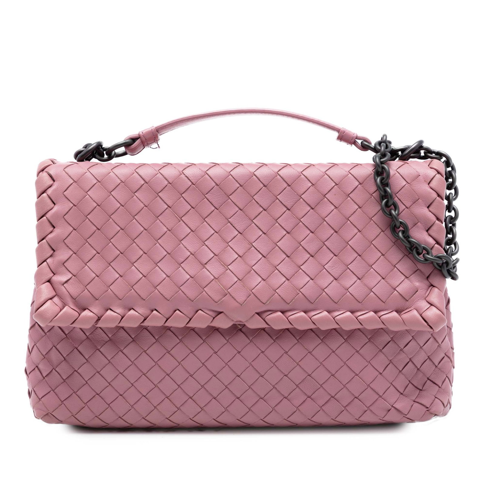 Bottega Veneta Olimpia pink woven leather shoulder bag: Bottega Veneta Olimpia pink woven leather shoulder bag This Bottega Veneta Small Nappa Intrecciato Olimpia Shoulder Bag features the brand's signature woven leather design in pink. It is equipped with