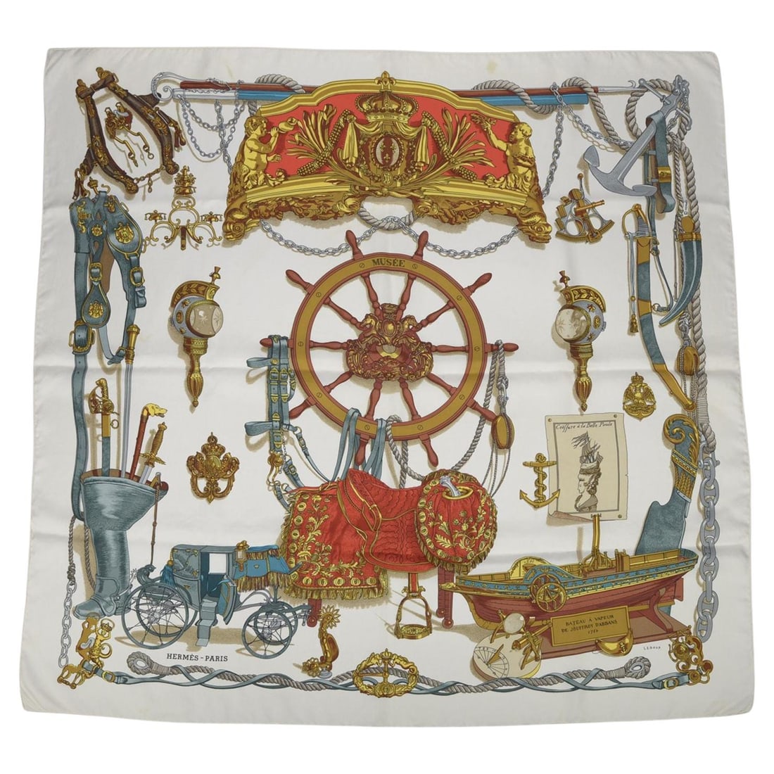 Musee Bateau a Vapeu Silk Square by Hermes Philippe Ledoux: Musee Bateau a Vapeu Silk Square by Hermes Philippe Ledoux This Hermes "Musee Bateau a Vapeu" scarf is crafted from 100% silk and designed by Philippe Ledoux. It features intricate illustrations of an