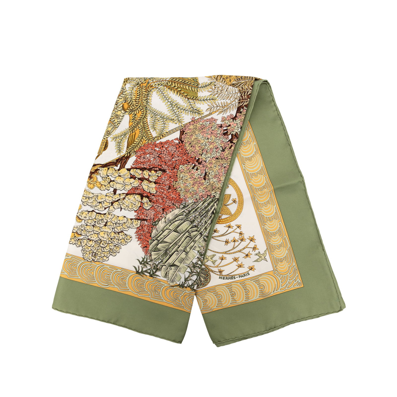Hermes Les Legendes de L Arbre 90 Silk Scarf Green: Hermes Les Legendes de L Arbre 90 Silk Scarf Green Hermes Les Legendes de L Arbre silk scarf 90 featuring the Les Legendes de L Arbre print in 100% silk. It is a green accessory made in France. Condit