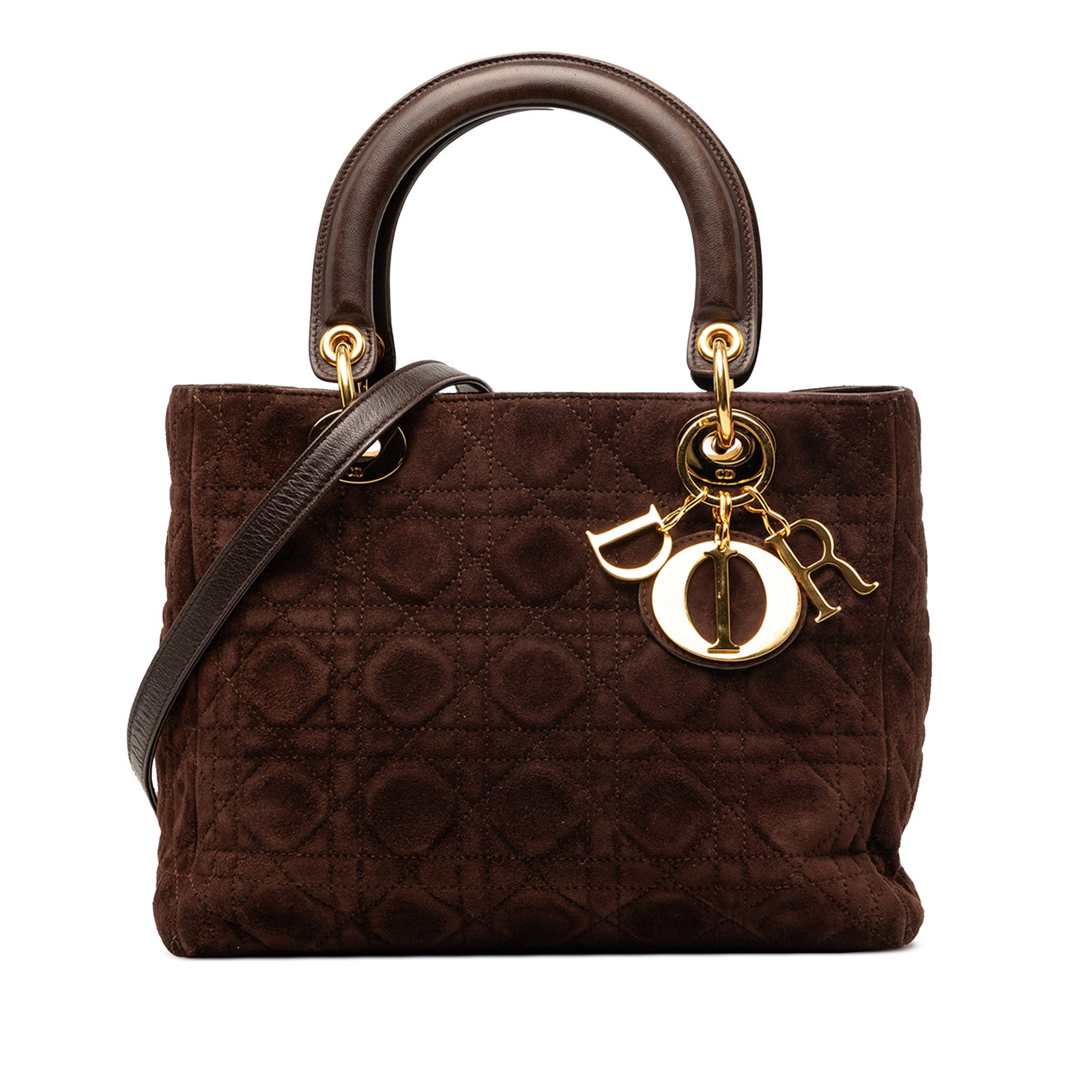 Dior Lady Dior Medium Cannage Suede Handbag Brown: Dior Lady Dior Medium Cannage Suede Handbag Brown This Medium Lady Dior bag is crafted in brown suede leather with the signature Cannage design. It features structured leather handles, a detachable fl