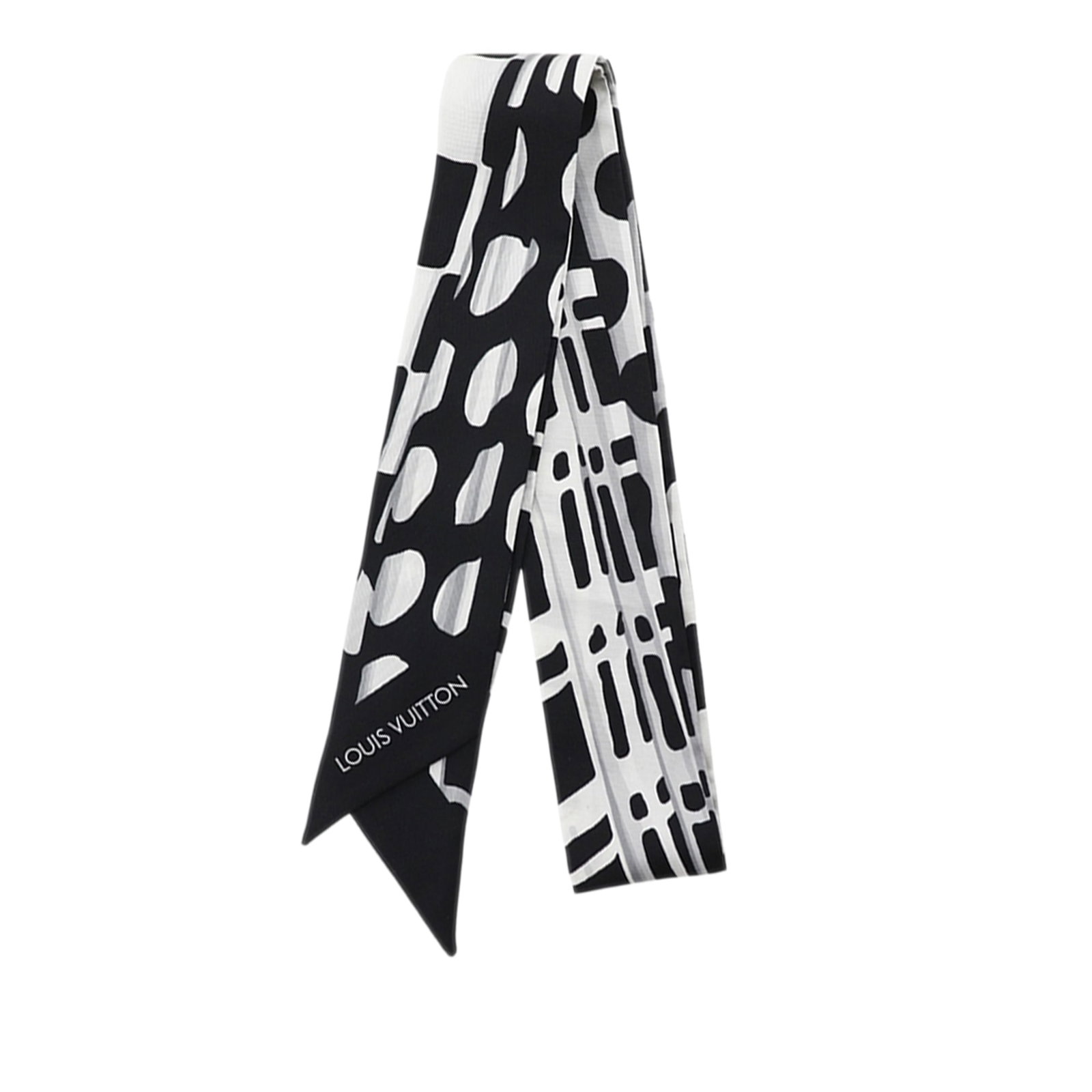 Louis Vuitton Silk Bandeau Scarf Black Printed Design 120cm: Louis Vuitton Silk Bandeau Scarf Black Printed Design 120cm This Louis Vuitton Printed Bandeau scarf features a distinctive print crafted from 100% silk. The accessory comes in black and is made in It