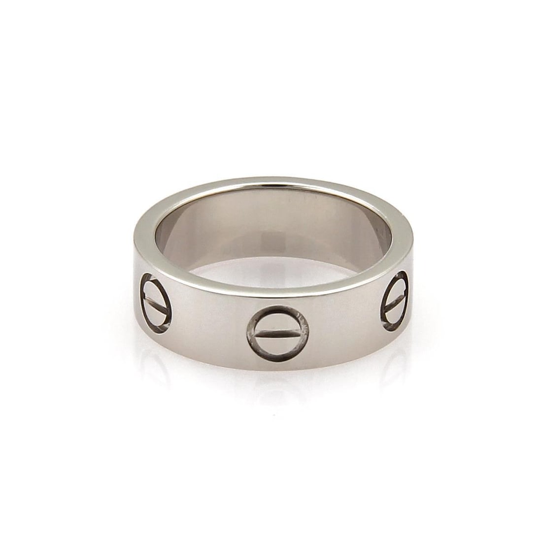 Cartier LOVE Platinum Band Ring 5.5mm Size 50 US 5 Authentic: Cartier LOVE Platinum Band Ring 5.5mm Size 50 US 5 Authentic This iconic band ring from Cartier's LOVE collection is a stunning piece crafted in platinum with a polished finish. The band measures 5.5m