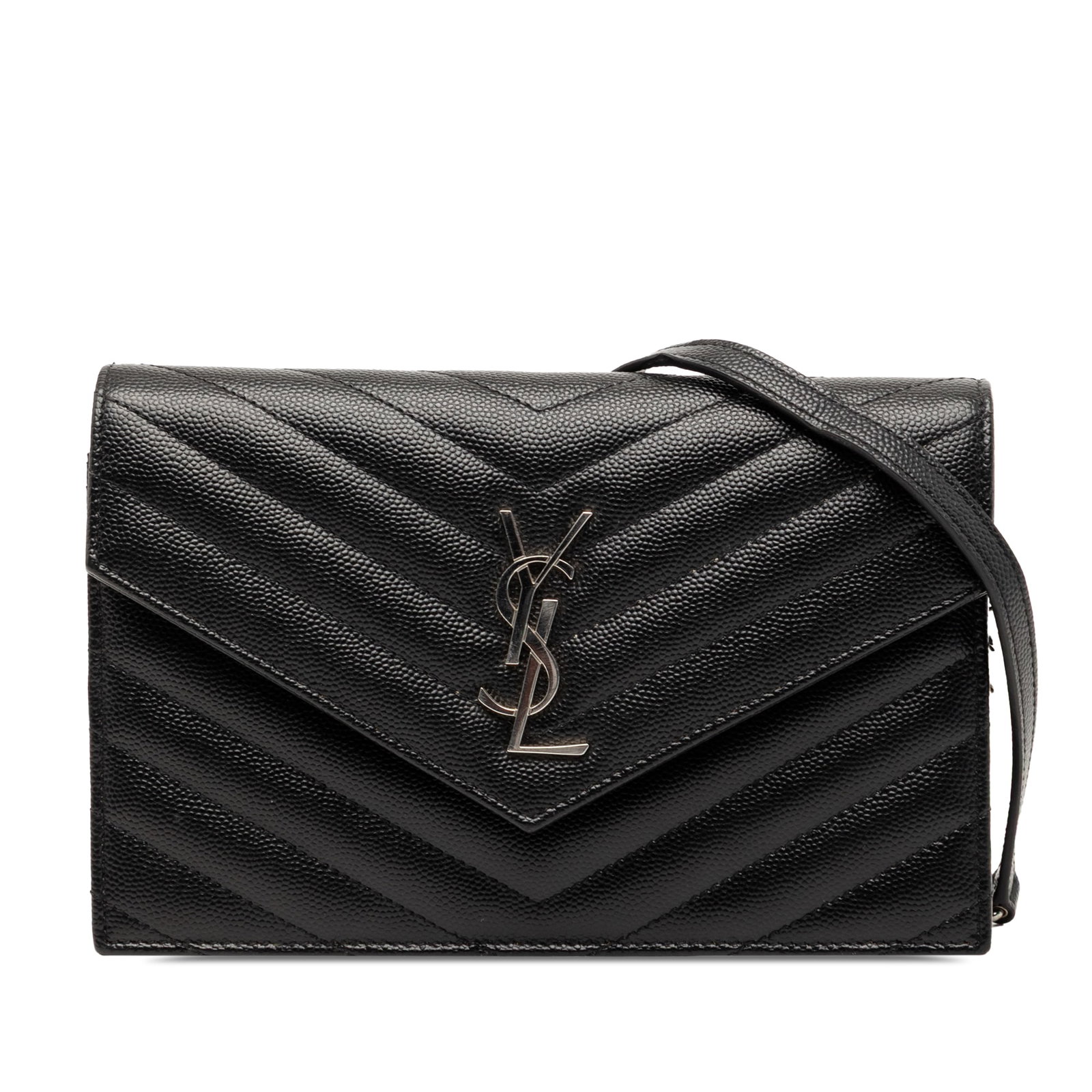Saint Laurent Black Leather Envelope Chain Wallet Grain De Poudre Cassandre: Saint Laurent Black Leather Envelope Chain Wallet Grain De Poudre Cassandre The Saint Laurent Grain De Poudre Cassandre Envelope Chain Wallet features a black leather body with a front flap and snap f