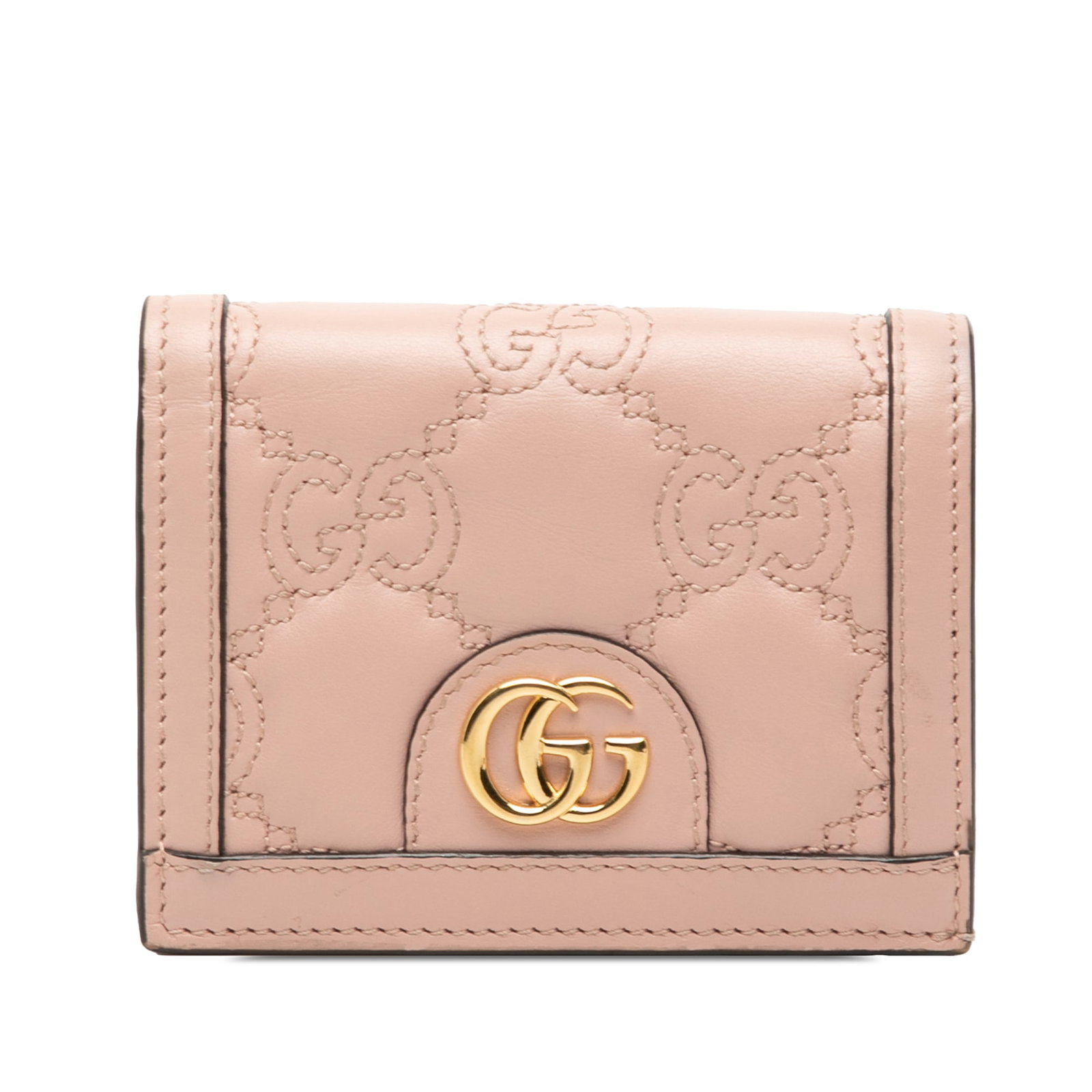 Pink GG Matelasse Quilted Leather Card Holder by Gucci: Pink GG Matelasse Quilted Leather Card Holder by Gucci This Gucci GG Matelasse Leather Card Case Wallet is crafted from quilted leather in pink and features a front flap with a magnetic button closure