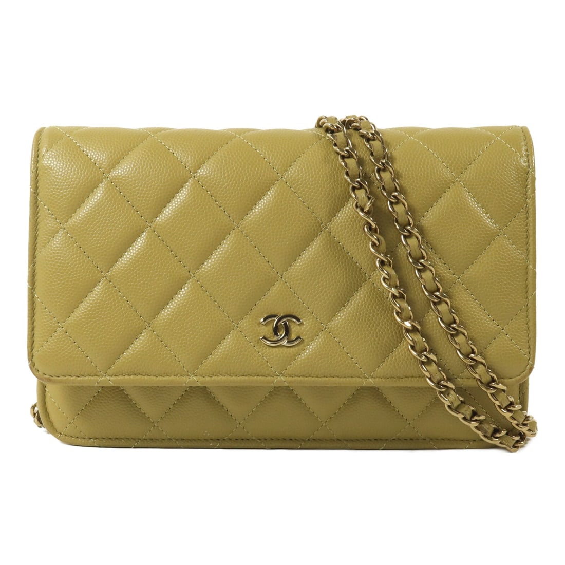 CHANEL A33841 Wallet on Chain Calfskin Shoulder Bag Olive Green: CHANEL A33841 Wallet on Chain Calfskin Shoulder Bag Olive Green Wallet on chain shoulder bag in calfskin leather with a green colorway. It features a magnetic pocket, multiple open pockets, two inside