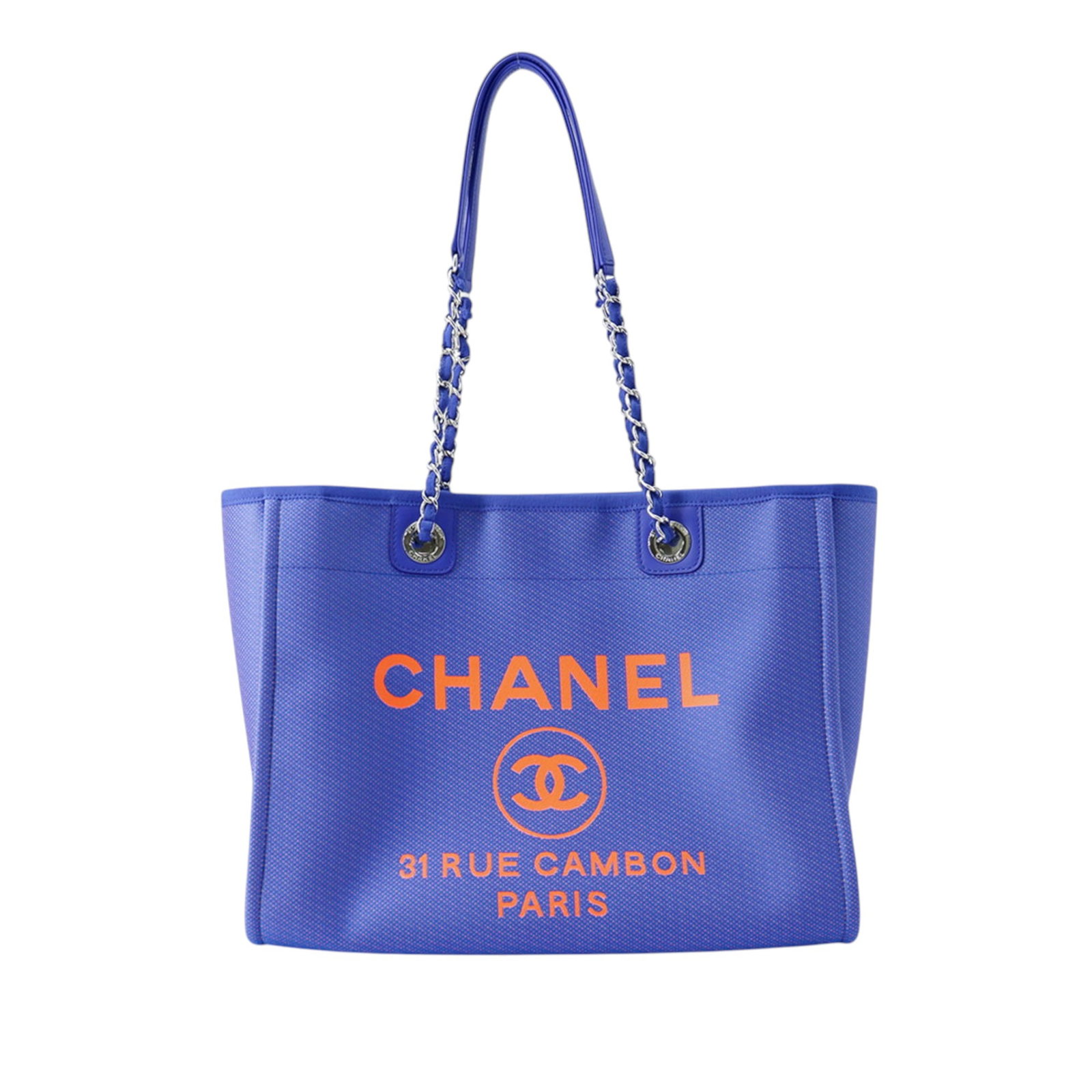 Chanel Deauville Small Purple Canvas Tote Bag: Chanel Deauville Small Purple Canvas Tote Bag Chanel Small Canvas Deauville Tote in purple, made in Italy. It features a canvas body with leather trim, fabric woven chain straps, an open top with a ma