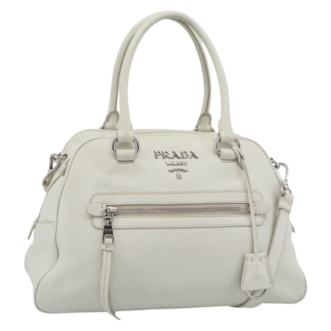 Prada Vitello Daino Leather 2way Handbag White Silver: Prada Vitello Daino Leather 2way Handbag White Silver PRADA 2-way handbag in white/silver leather. It comes with a dust bag, clochette, shoulder strap, and guarantee card. Made in Turkey, this bag is 