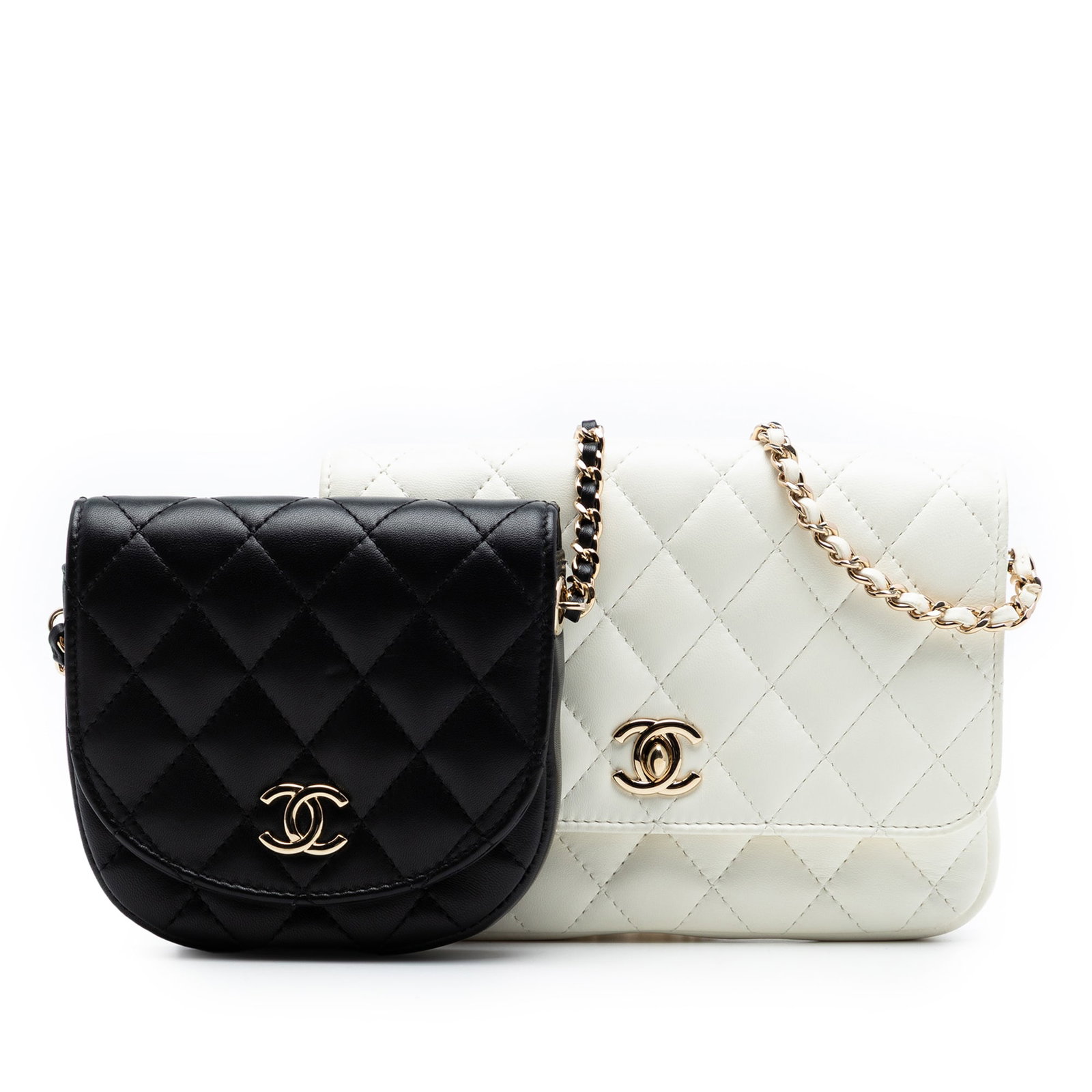 Chanel CC Quilted Lambskin Crossbody Flap Bag: Chanel CC Quilted Lambskin Crossbody Flap Bag This Chanel CC Quilted Lambskin Side Packs Flap crossbody bag features a luxurious quilted lambskin leather body in white, complemented by a leather-woven