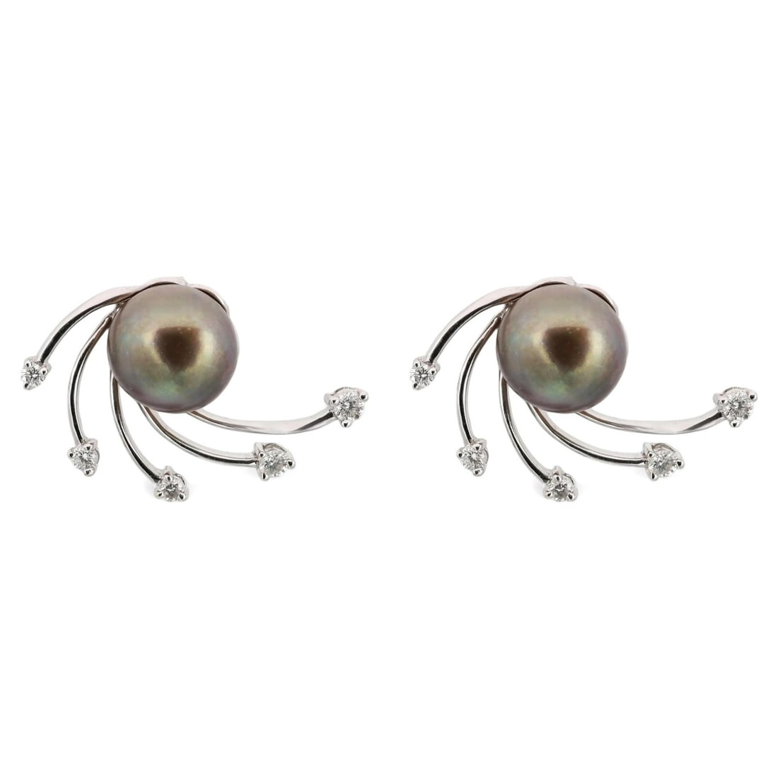 18k White Gold Stud Earrings with Black Tahitian Pearls and Diamonds by Rachel Koen: 18k White Gold Stud Earrings with Black Tahitian Pearls and Diamonds by Rachel Koen These elegant stud earrings are crafted from 18k white gold and showcase round brilliant cut diamonds paired with bl