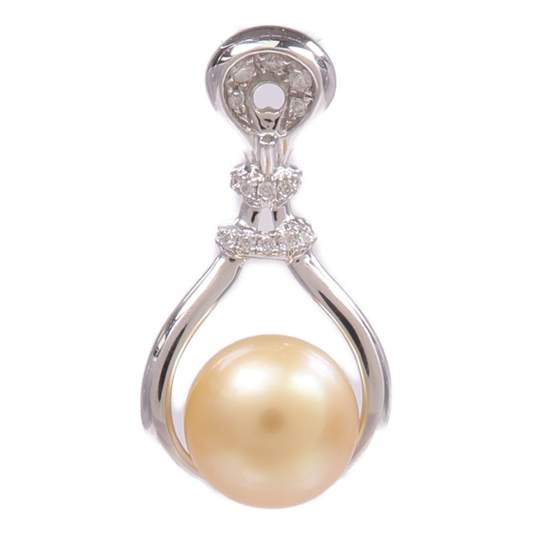 18K White Gold Pearl Pendant Top with Diamond Accent: 18K White Gold Pearl Pendant Top with Diamond Accent A women's pendant top featuring a pearl and diamond design in 18K white gold (K18WG). The piece is described as white with clear accents and is off