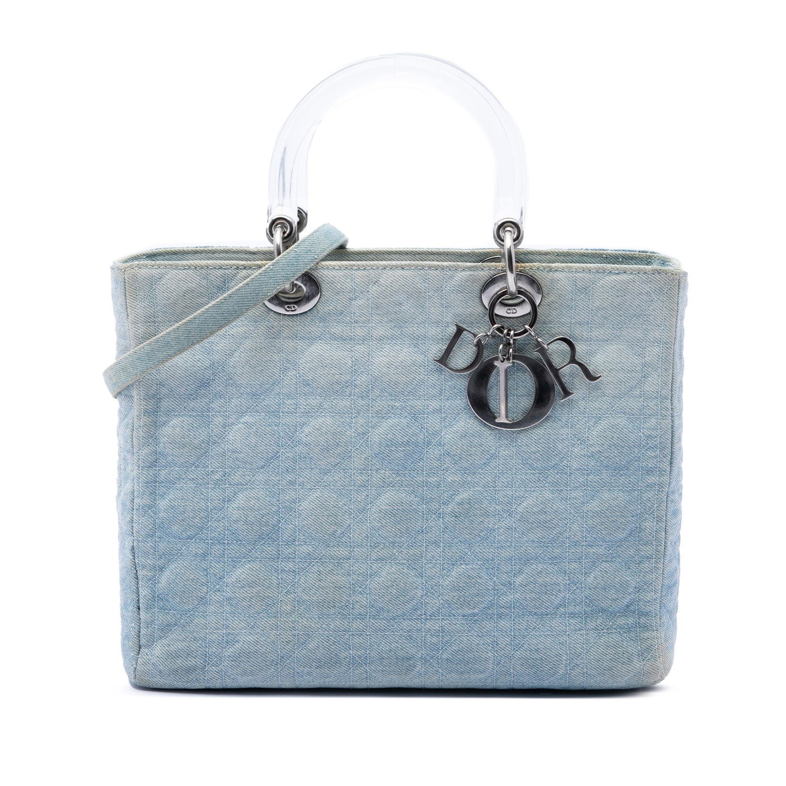 Dior Lady Dior Large Denim Satchel with Acrylic Handles: Dior Lady Dior Large Denim Satchel with Acrylic Handles Large Lady Dior satchel in blue quilted denim with acrylic top handles and a detachable denim strap. The bag features a top zip closure and an i