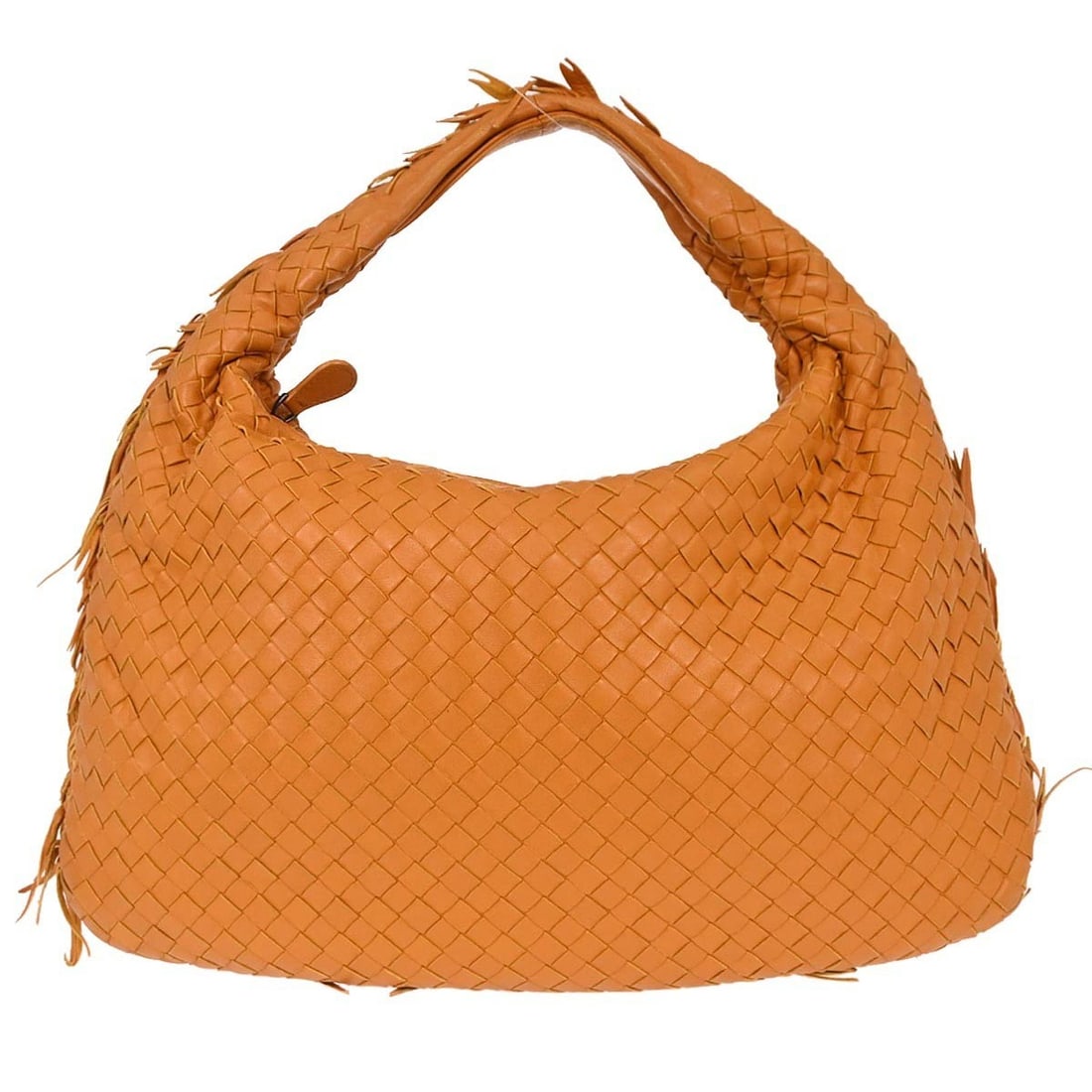 Bottega Veneta Intrecciato Orange Leather Medium Hobo Bag: Bottega Veneta Intrecciato Orange Leather Medium Hobo Bag Bottega Veneta Intrecciato hobo handbag in orange leather with a top handle and gray lining. This medium handbag features the signature woven 