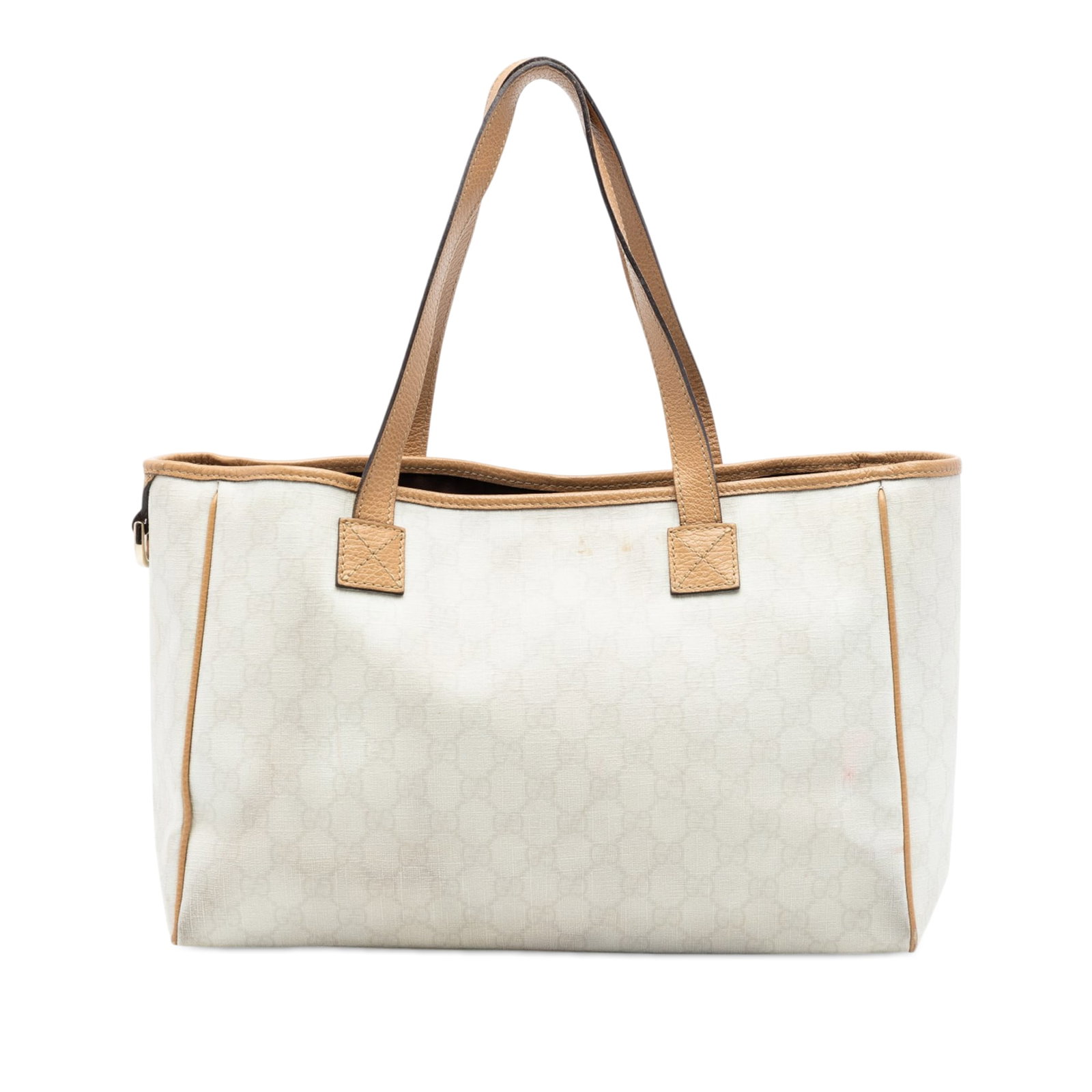 Gucci GG Supreme coated canvas tote bag with leather trim: Gucci GG Supreme coated canvas tote bag with leather trim Gucci GG Supreme Tote in white with a coated canvas body and leather trim. This tote features flat leather straps, an open top, one exterior s