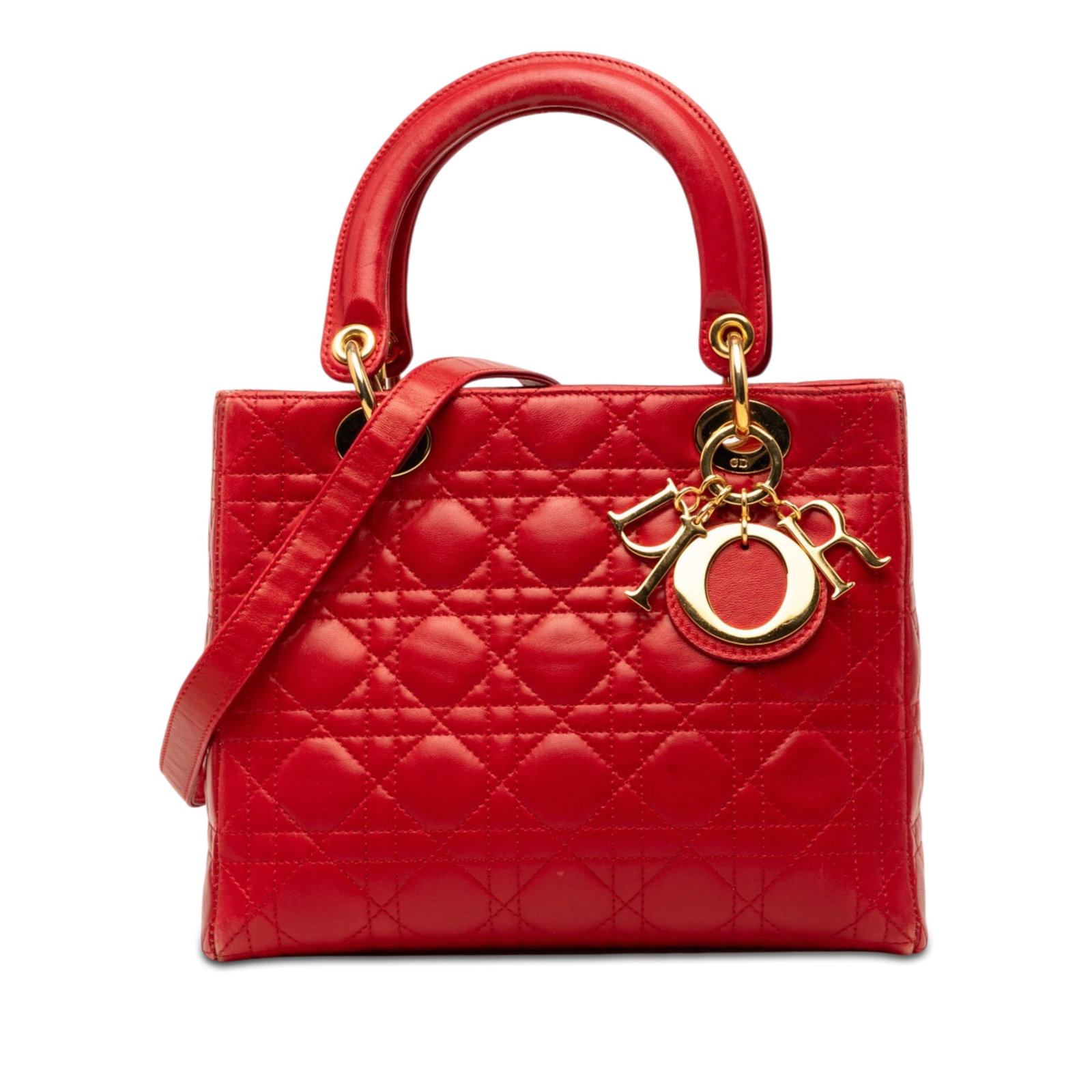 Dior Lady Dior Medium Red Lambskin Cannage Handbag: Dior Lady Dior Medium Red Lambskin Cannage Handbag Medium Lady Dior bag in red quilted lambskin leather with Cannage detailing. This handbag features flat leather top handles, a detachable flat leathe