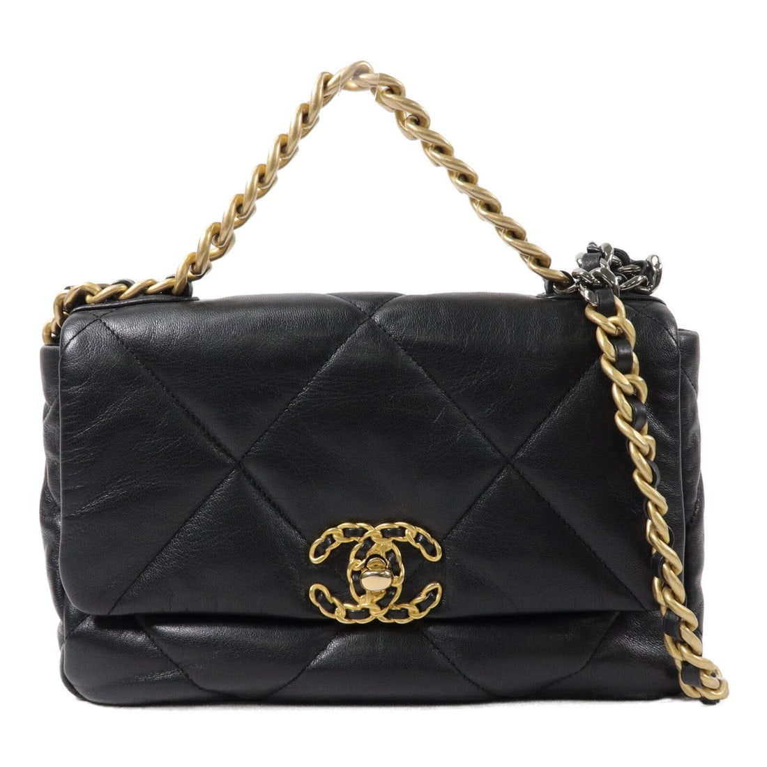 CHANEL Chanel 19 Medium Lambskin 2way Shoulder Bag Black: CHANEL Chanel 19 Medium Lambskin 2way Shoulder Bag Black A CHANEL 19 Medium 2-way chain shoulder bag in black lambskin (sheep leather). The bag features a turn lock closure, one exterior magnetic pock