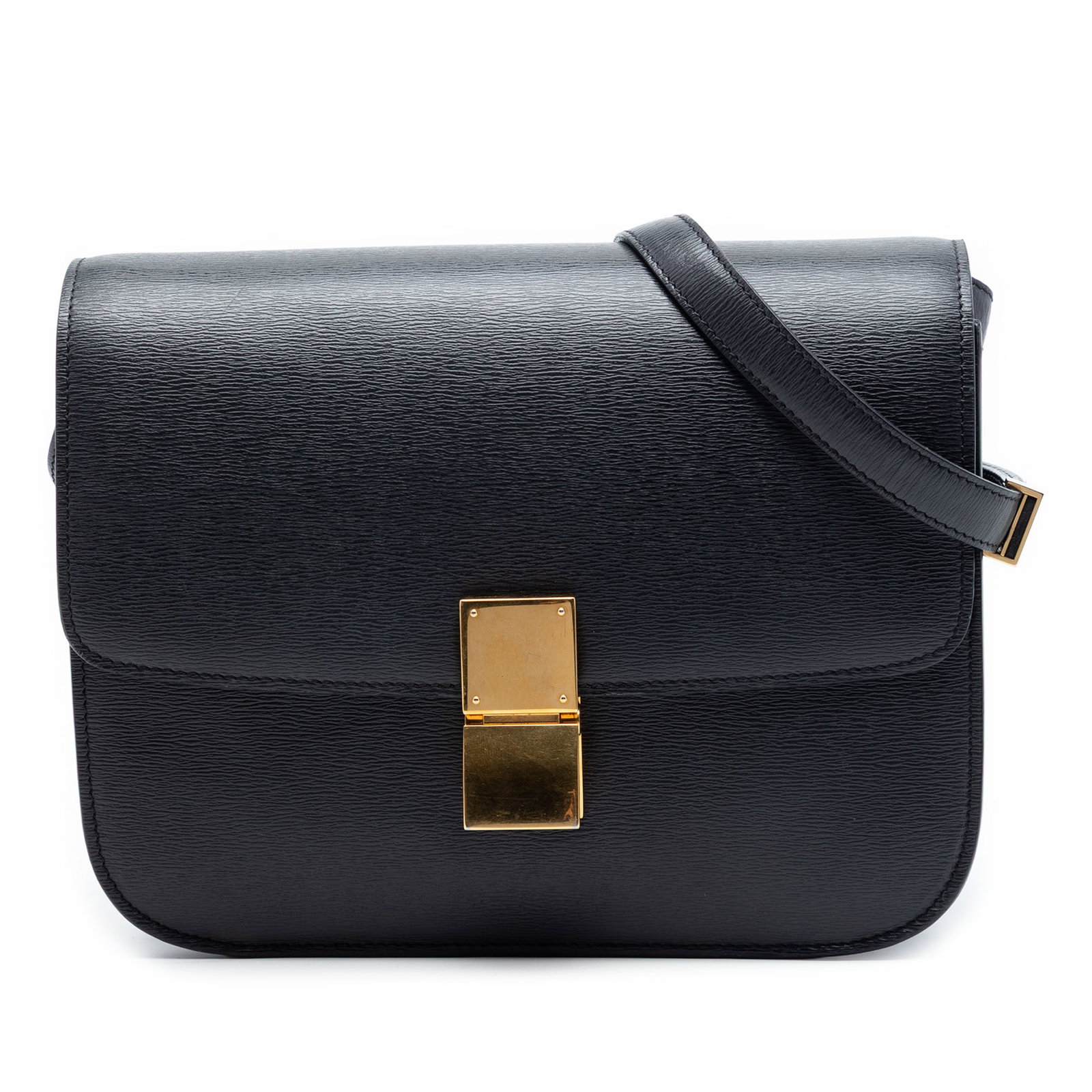 Celine Classic Box Medium Liege Calfskin Crossbody Bag Black: Celine Classic Box Medium Liege Calfskin Crossbody Bag Black Medium Classic Box crossbody bag in black liege calfskin leather with an adjustable flat leather strap and a front flap with push-lock clos