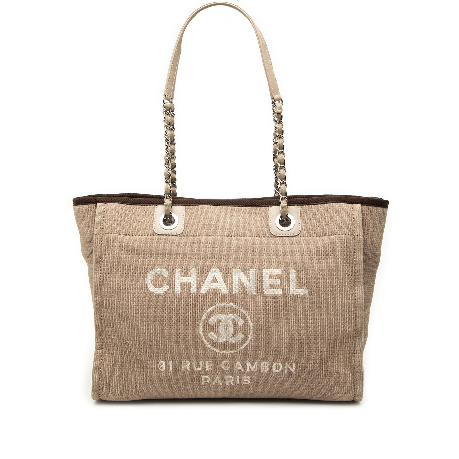 Chanel Deauville Small Tote Bag in Brown Canvas: Chanel Deauville Small Tote Bag in Brown Canvas Chanel Small Canvas Deauville Tote bag from Italy, crafted with a canvas body, leather trim, and leather-woven chain straps. It features an open top wit