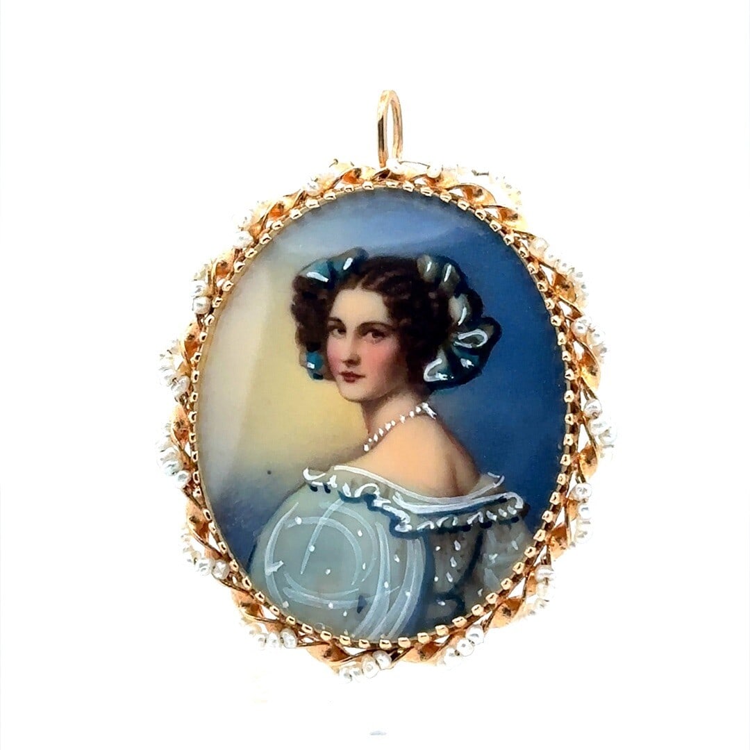 Unbranded 13k Yellow Gold Portrait Brooch Pendant with Seed Pearl Border: Unbranded 13k Yellow Gold Portrait Brooch Pendant with Seed Pearl Border Vintage brooch pendant featuring a hand painted portrait framed by numerous white seed pearls. Crafted in 13-14k solid yellow g