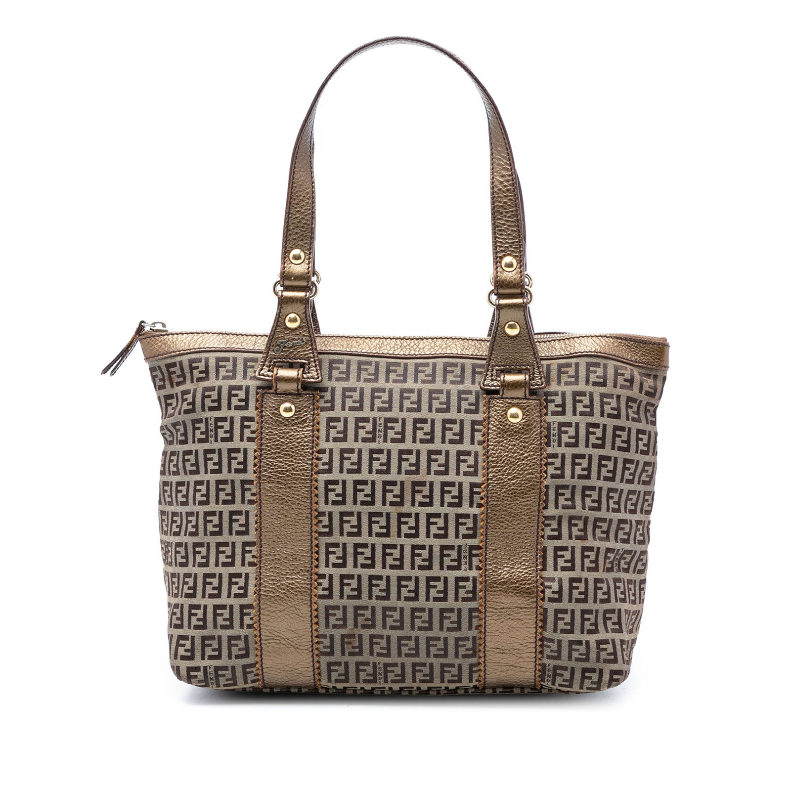 Fendi Beige Canvas Zucchino Tote Bag with Leather Trim: Fendi Beige Canvas Zucchino Tote Bag with Leather Trim This Fendi Zucchino Canvas Tote features a beige canvas body with leather trim, rolled leather handles, a top zip closure, and interior zip and s