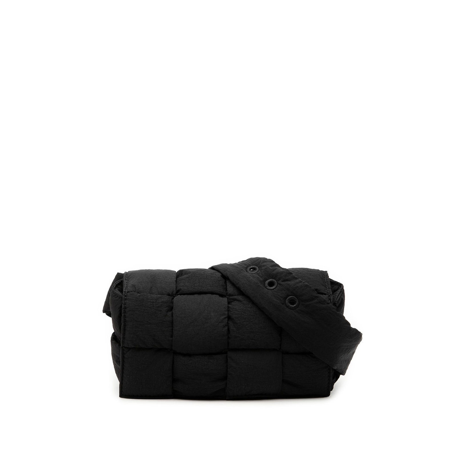 Bottega Veneta Tech Cassette Mini Belt Bag in Black Nylon: Bottega Veneta Tech Cassette Mini Belt Bag in Black Nylon Bottega Veneta Mini Nylon Intrecciato Padded Tech Cassette Belt Bag in black, featuring a woven nylon body, an adjustable flat waist strap, an