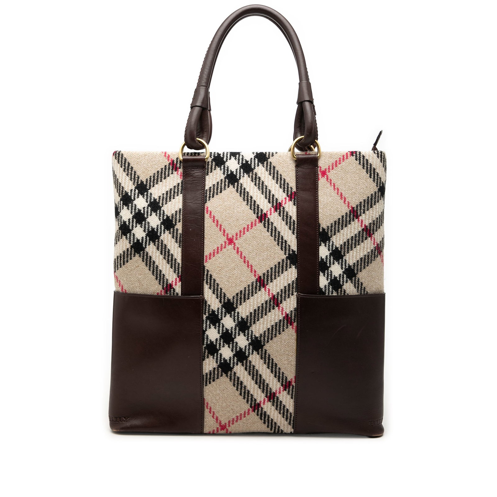 Burberry Supernova Check Tote Bag in Wool with Leather Trim: Burberry Supernova Check Tote Bag in Wool with Leather Trim Burberry Supernova Check Wool Tote in beige, featuring a wool body with leather trim, rolled leather handles, a top zip closure, and interio