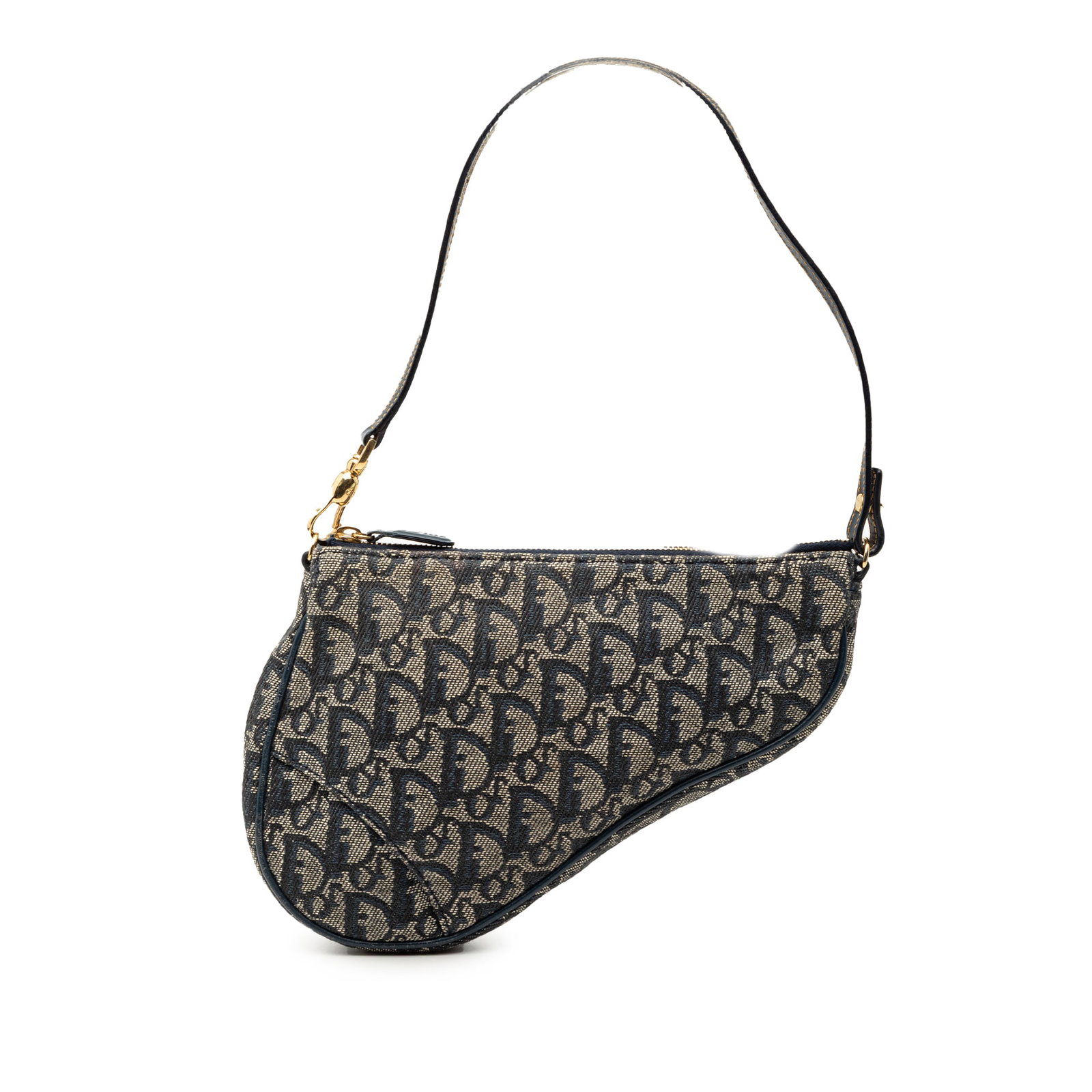 Dior Mini Saddle Pochette Canvas Bag with Leather Trim Blue: Dior Mini Saddle Pochette Canvas Bag with Leather Trim Blue This Mini Diorissimo Canvas Saddle Pochette features a canvas body with leather trim, a flat leather strap, and a top zip closure. The bag i