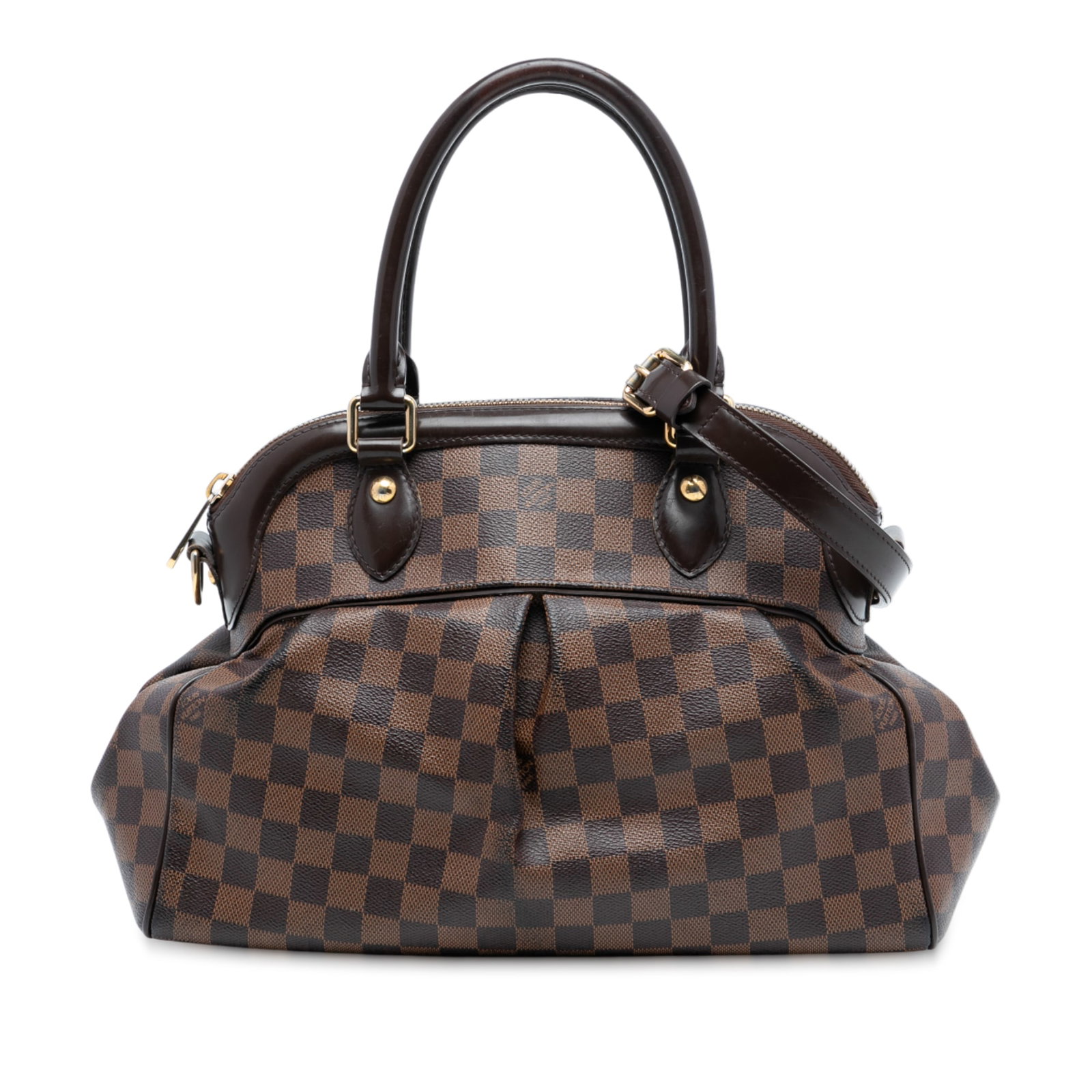 Louis Vuitton Trevi PM Brown Damier Ebene Canvas Handbag with Strap: Louis Vuitton Trevi PM Brown Damier Ebene Canvas Handbag with Strap The Louis Vuitton Damier Ebene Trevi PM features a damier ebene canvas body with leather trim, rolled handles, a detachable flat lea