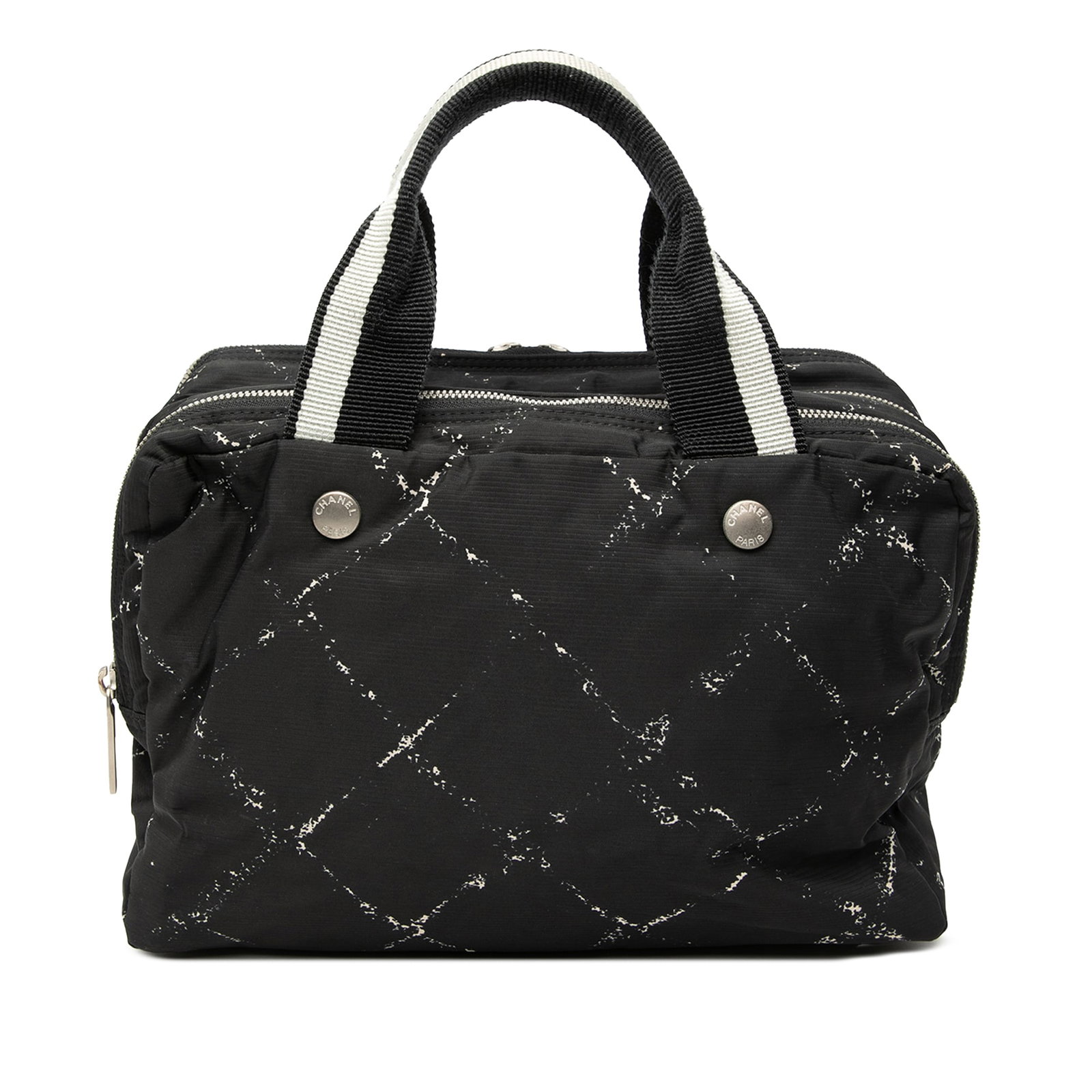 Chanel Old Travel Line black nylon zip handbag: Chanel Old Travel Line black nylon zip handbag This Chanel Old Travel Line Nylon Handbag features a durable nylon body with flat straps and a top zip closure. The bag is designed in black fabric and w