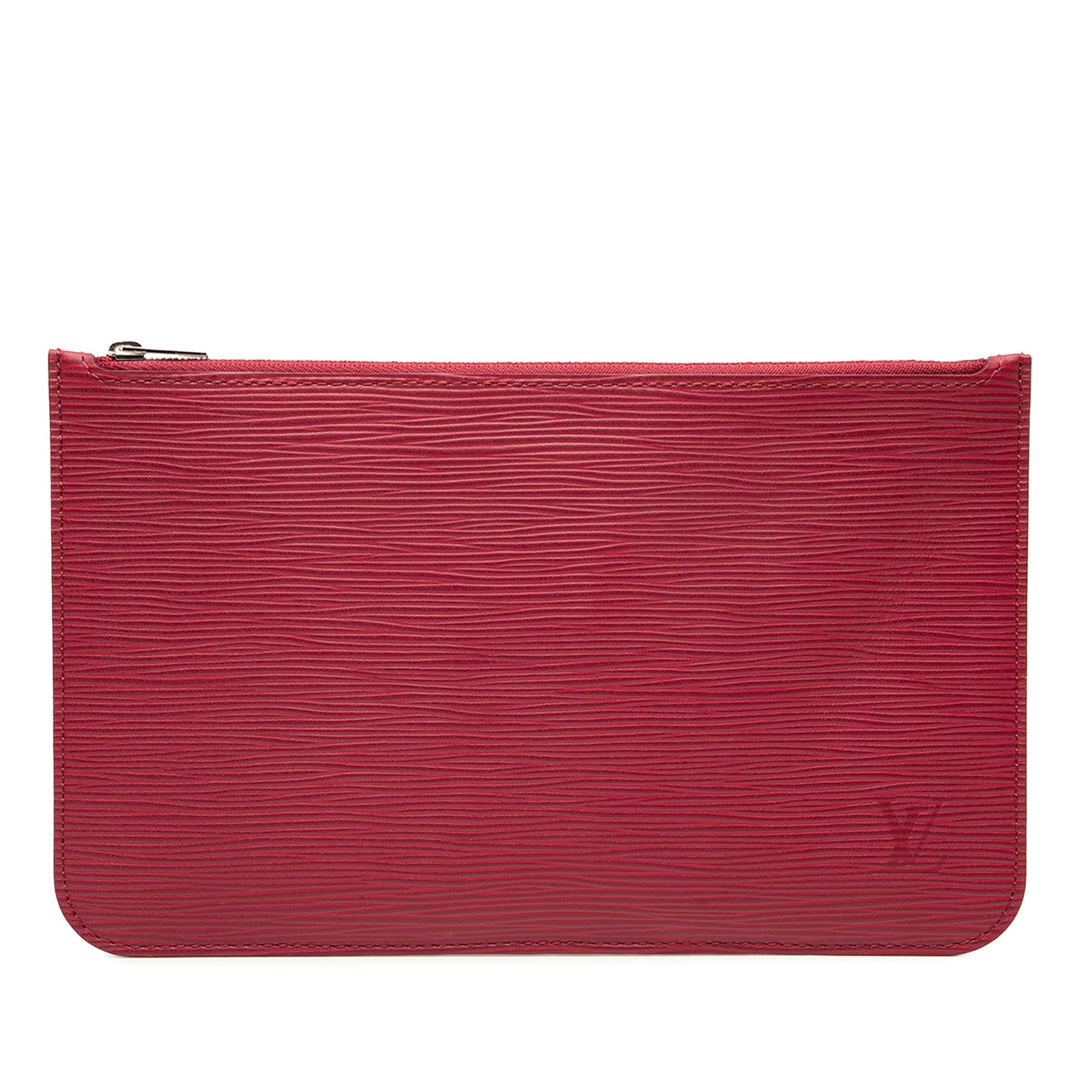 Red Epi Leather Neverfull Pouch by Louis Vuitton with Top Zip: Red Epi Leather Neverfull Pouch by Louis Vuitton with Top Zip This Louis Vuitton Epi Neverfull Pouch features a durable epi leather exterior in red, a top zip closure, and an interior slip pocket for 