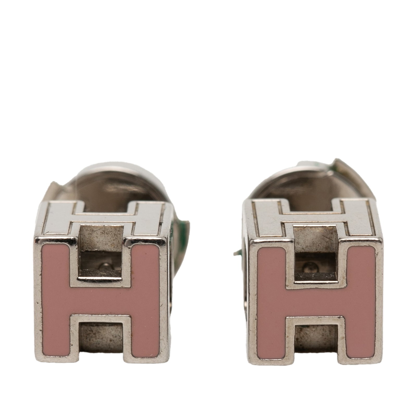 Hermes Cage D H Pink Enamel Palladium Plated Earrings: Hermes Cage D H Pink Enamel Palladium Plated Earrings These Hermes Cage d'H earrings feature palladium-plated metal and enamel bodies in a pink color, complemented by push-back closures. Made in Franc