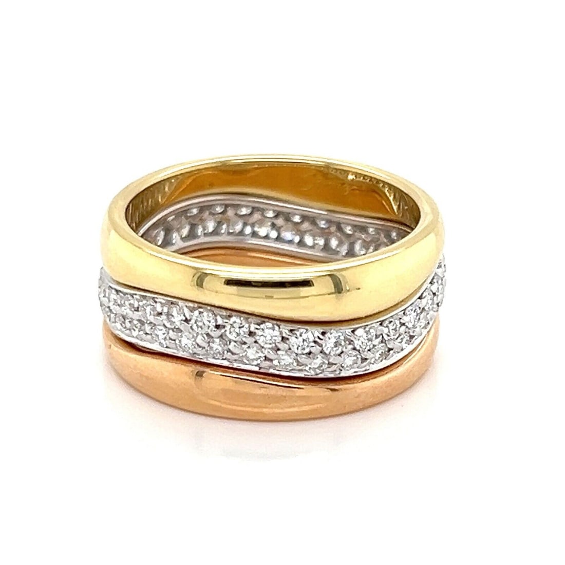 Cartier Love Me Pave Diamond Tri Gold 18k Ring Size 5 Papers: Cartier Love Me Pave Diamond Tri Gold 18k Ring Size 5 Papers A Cartier Love Me Pave Diamond interlocking band ring crafted in 18k yellow, white, and rose gold. The design features three interlocking t
