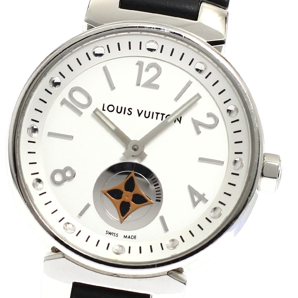 Louis Vuitton Tambour Moonstar Quartz Ladies Wristwatch Q8J10: Louis Vuitton Tambour Moonstar Quartz Ladies Wristwatch Q8J10 This pre-owned Louis Vuitton Tambour Moonstar women's wristwatch features a stainless steel case and a silver dial, complemented by a rubb