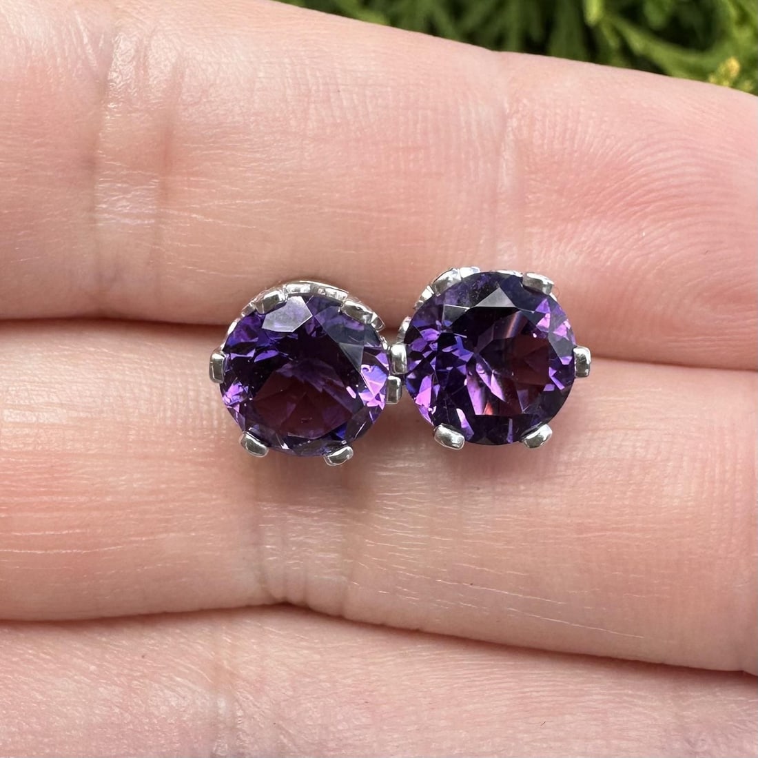 Platinum Stud Earrings with 2 Natural Purple Amethysts Flower Prong Set: Platinum Stud Earrings with 2 Natural Purple Amethysts Flower Prong Set Elegant stud earrings featuring two natural genuine amethysts in a deep rich royal purple color. The round brilliant cut stones 