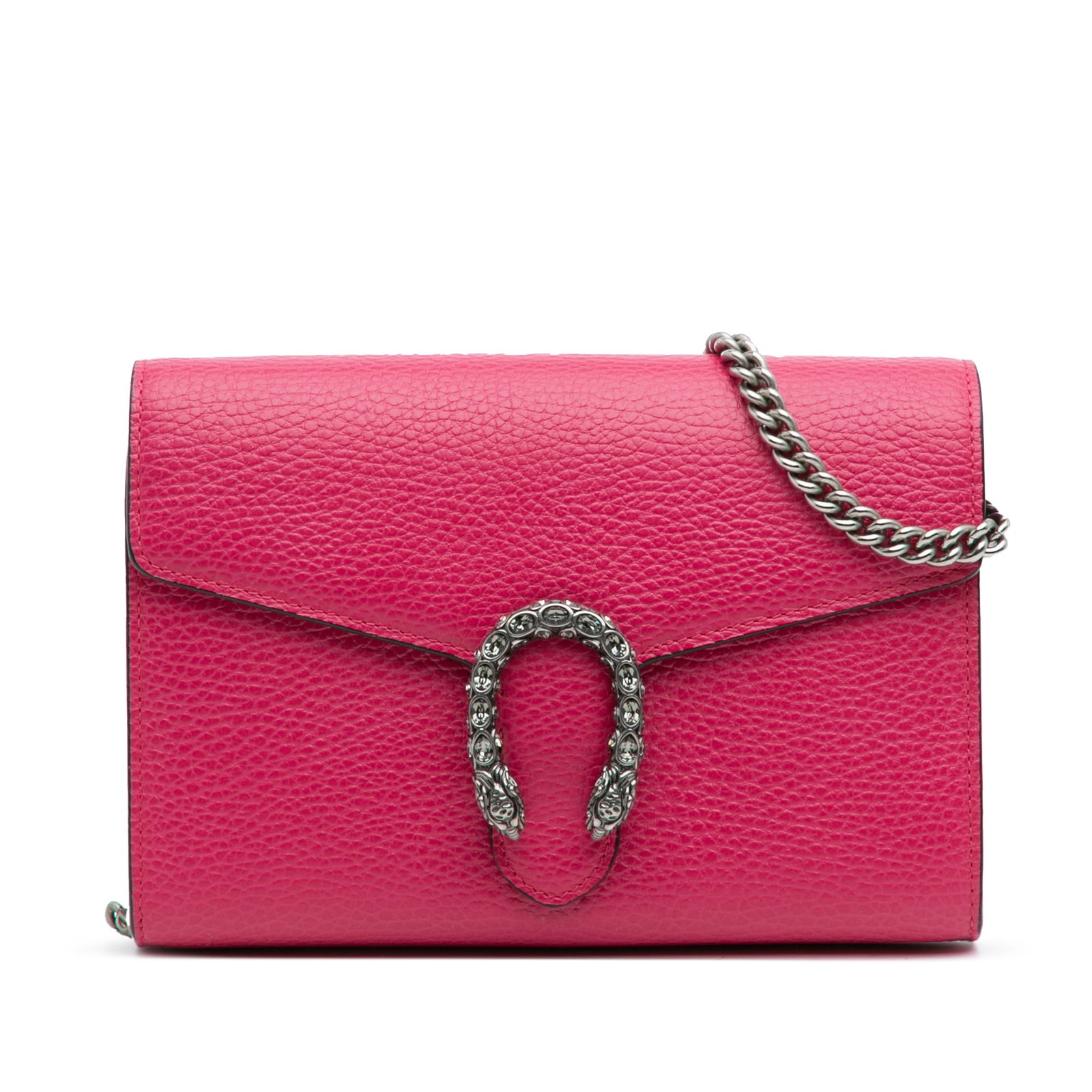 Gucci Dionysus Pink Leather Chain Wallet Shoulder Bag: Gucci Dionysus Pink Leather Chain Wallet Shoulder Bag Elevate your accessory collection with the Gucci Mini Leather Dionysus Wallet on Chain, featuring a sophisticated pink leather body. This chic wal