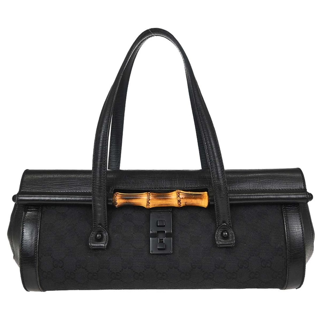 Gucci Bamboo Medium Black Leather GG Handbag Made in Italy: Gucci Bamboo Medium Black Leather GG Handbag Made in Italy Vintage Gucci Bamboo handbag in black with the Gucci GG pattern. It is a medium-sized women's handbag made in Italy, featuring a canvas, leat