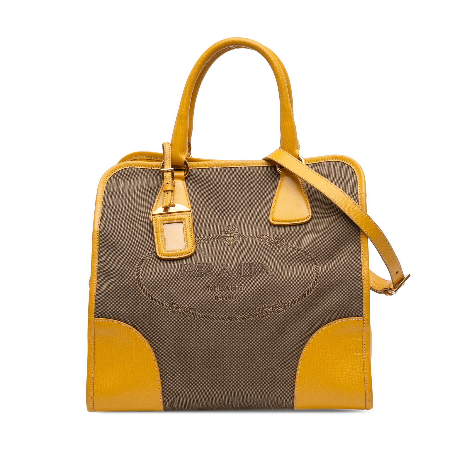 Prada Canapa Canvas Satchel with Saffiano Leather Trim and Logo: Prada Canapa Canvas Satchel with Saffiano Leather Trim and Logo This Prada Saffiano Trimmed Canvas Canapa Logo Satchel features a durable canvas body with saffiano leather trim, rolled leather handles