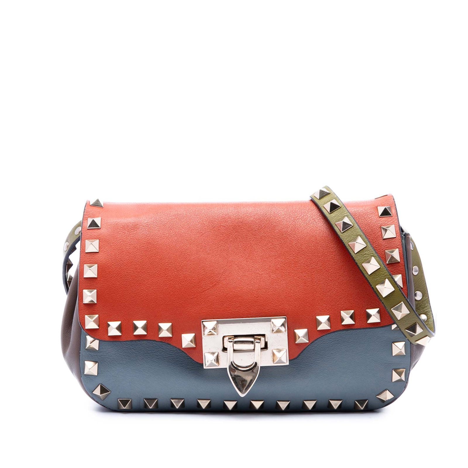 Valentino Rockstud Tricolor Leather Shoulder Flap Bag: Valentino Rockstud Tricolor Leather Shoulder Flap Bag Valentino tricolor Rockstud flap bag crafted in leather with stud detailing and a studded leather shoulder strap. The design features a front flap