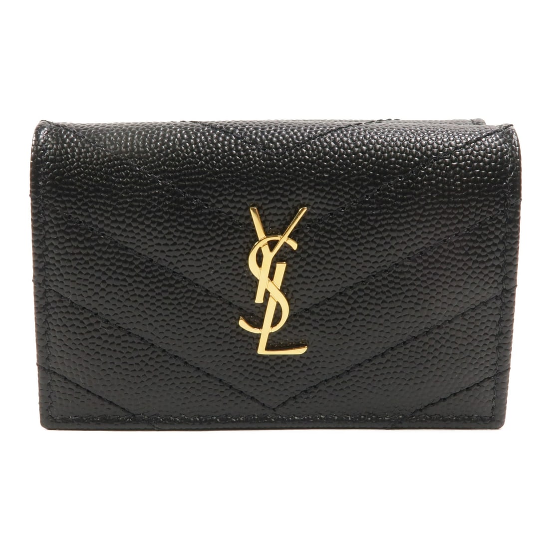 Saint Laurent Cassandre Origami Tiny Wallet 668274 Black Calfskin: Saint Laurent Cassandre Origami Tiny Wallet 668274 Black Calfskin A compact Saint Laurent Cassandre Matelasse Origami Tiny Wallet in black calfskin with gold-tone hardware. It features a hook button c