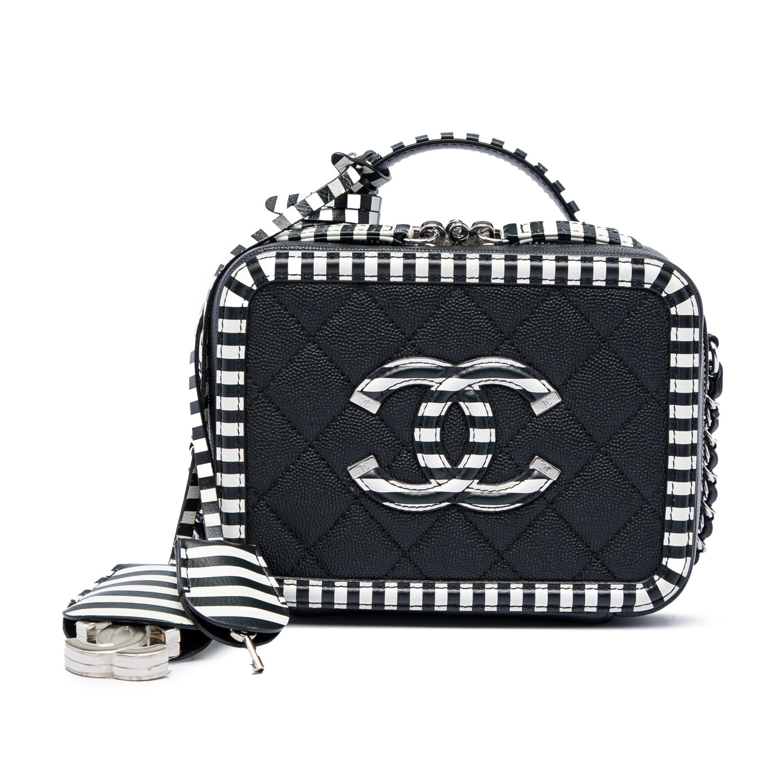 Chanel Filigree CC Vanity Case Small Black Caviar Leather: Chanel Filigree CC Vanity Case Small Black Caviar Leather A Chanel Small Caviar Striped CC Filigree Vanity Case in black leather, made in Italy. It features a quilted caviar leather body, a flat leath