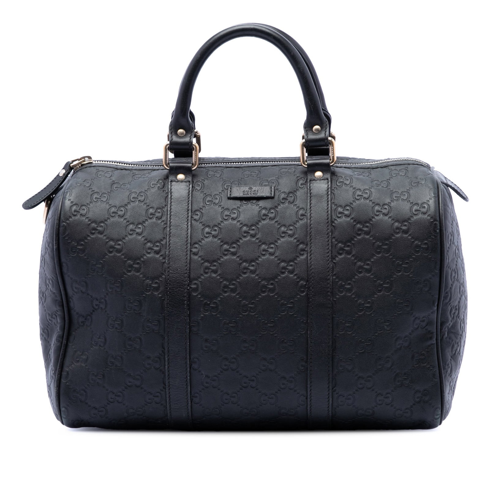 Gucci Joy Boston Bag Medium Black Guccissima Leather: Gucci Joy Boston Bag Medium Black Guccissima Leather The Medium Guccissima Joy Boston Bag is a black leather bag from Italy featuring an embossed leather body, rolled leather handles, a top zip closur