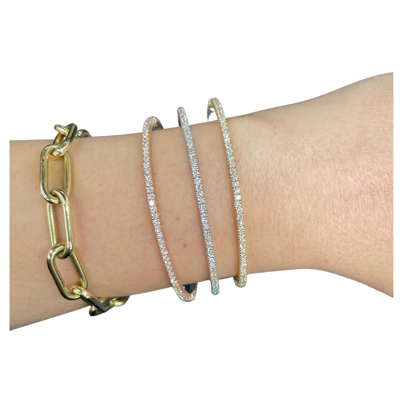 14K Tri Color Gold Bangles with 50 Diamonds 3.80 Cttw by Harbor Diamonds: 14K Tri Color Gold Bangles with 50 Diamonds 3.80 Cttw by Harbor Diamonds Elevate your jewelry collection with these exquisite 14 Karat Tri Color Gold Bangles, beautifully crafted in a harmonious blend